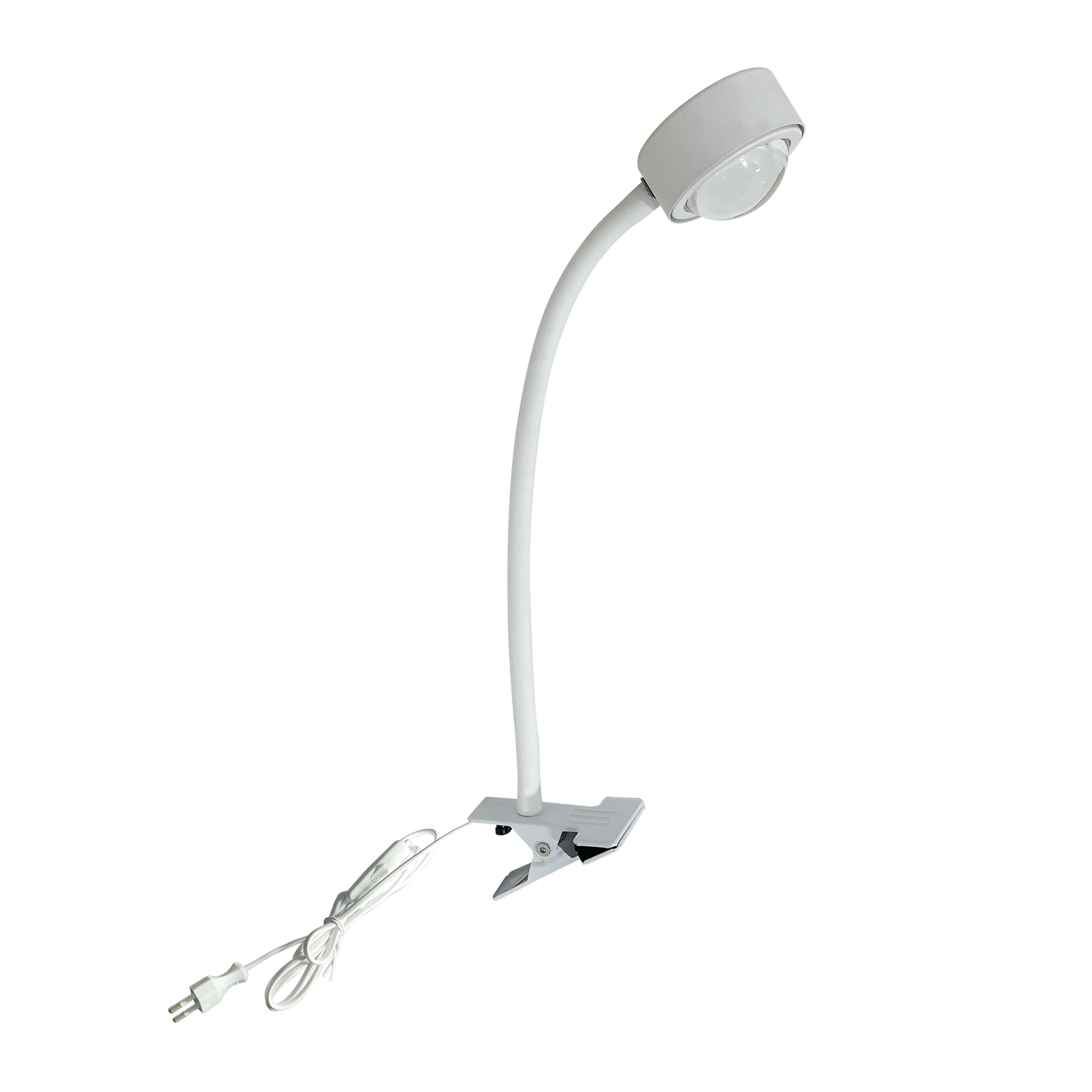 Lámpara de pinza Jyla, blanca, lente, 4200K, brazo flexible 