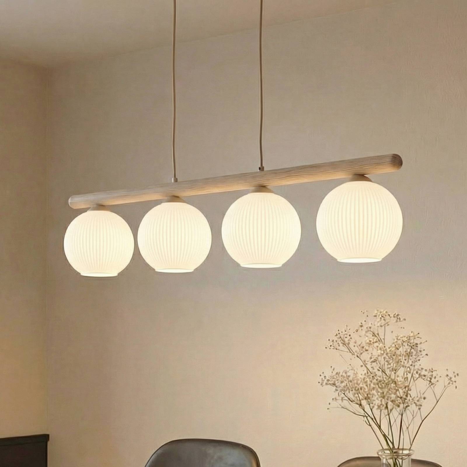Tk Lighting White, Light Wood, Beige Virlo Pendant Light, 4-Bulb, Wood, Opal Glass, Length 95 Cm