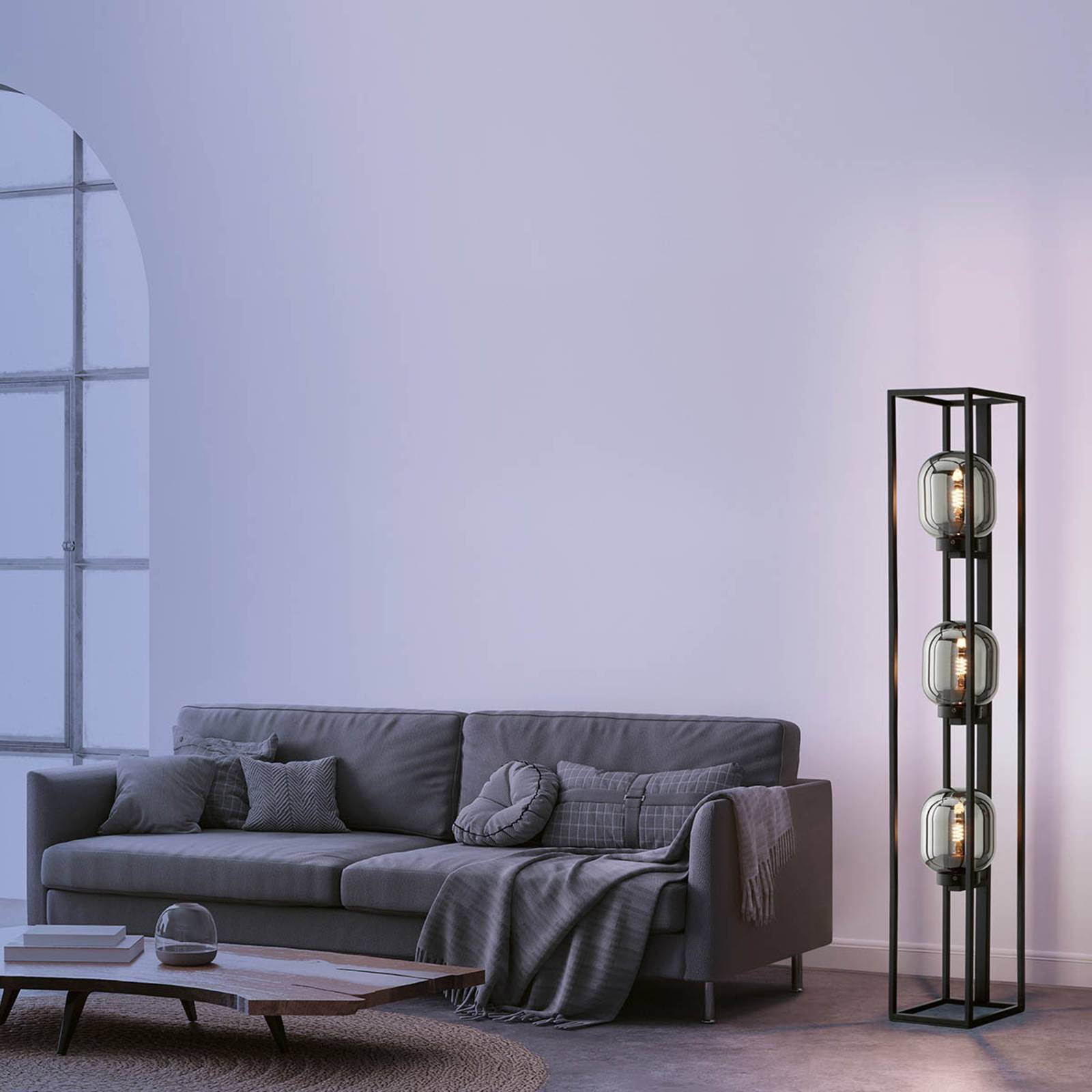 Image of FISCHER & HONSEL Lampadaire Regi en verre, gris fumée, à 3 lampes 4003694404037