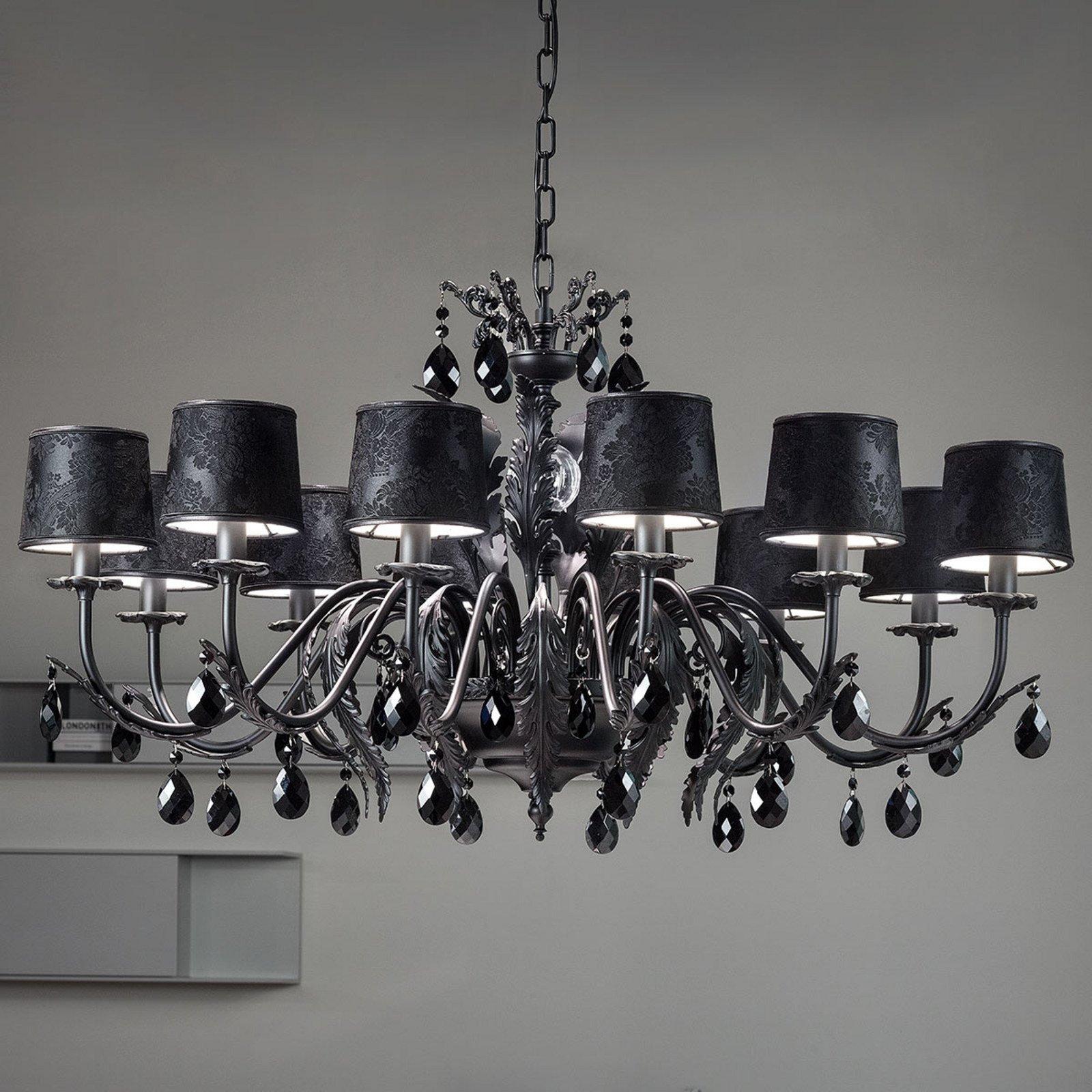 Candelabru Acantia 12 abajururi din damasc negru