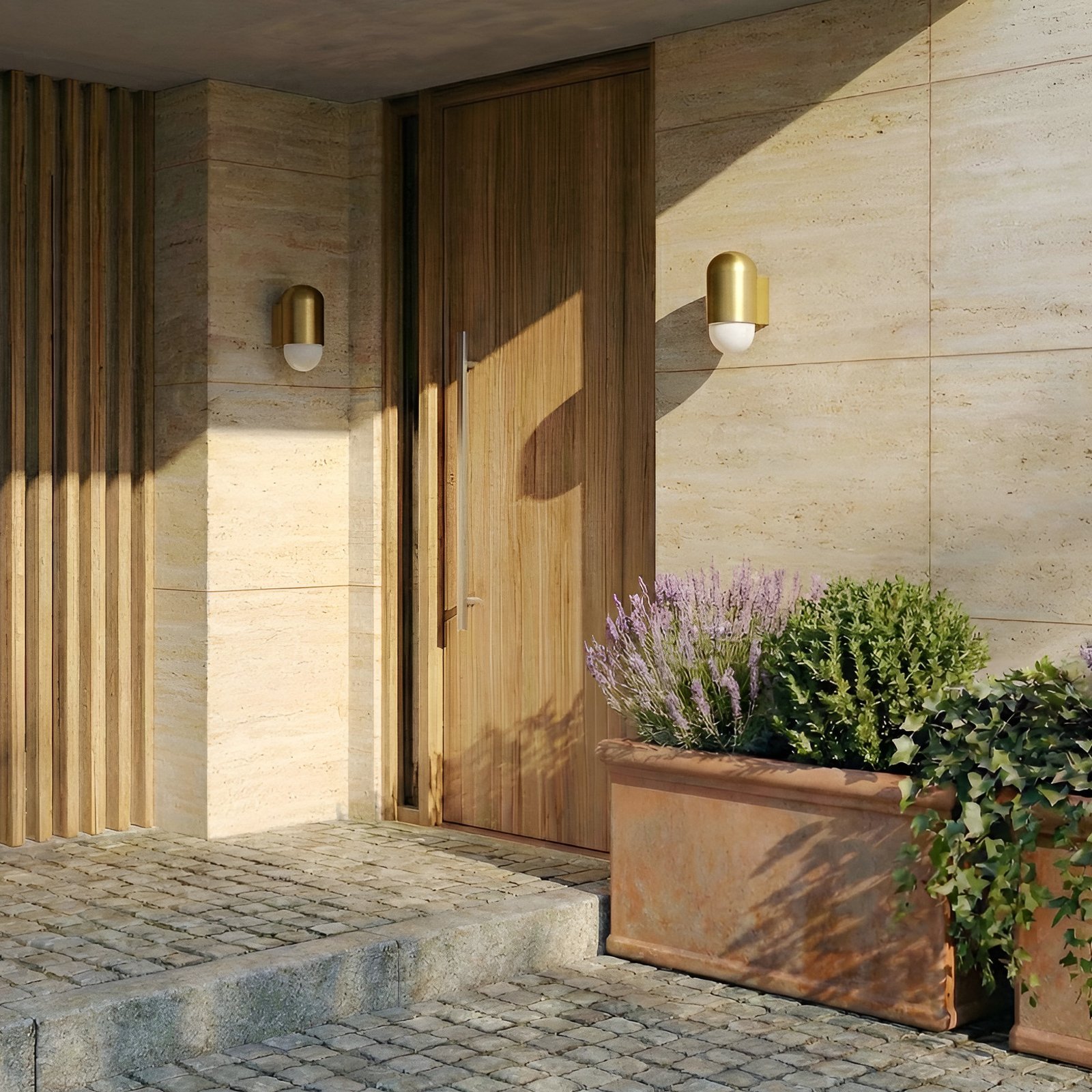 Lindby Außenwandleuchte Pilva, messing, Metall, IP44, E27