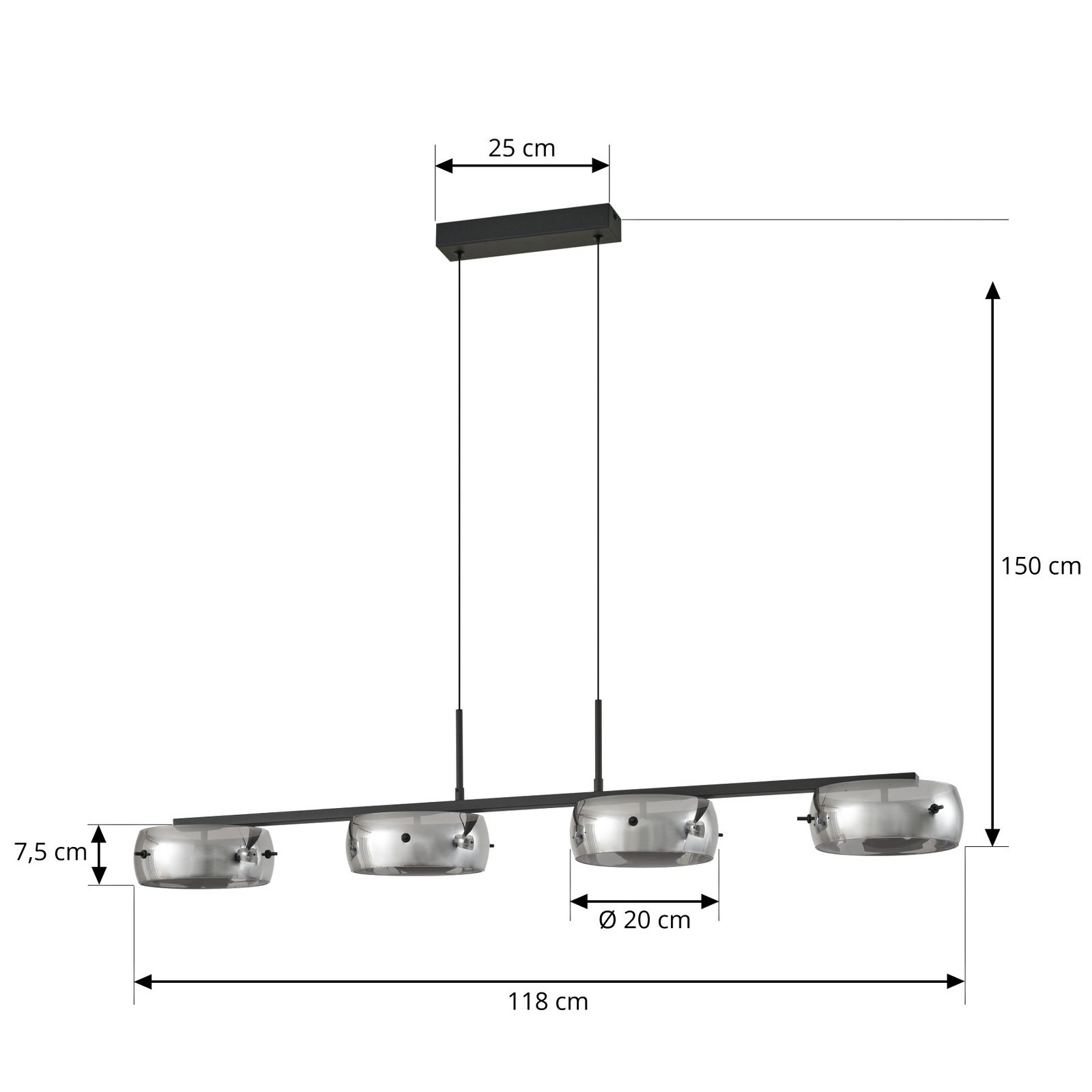 Lucande LED-pendant lamp, smoke, 4-flames, glass, dimmable