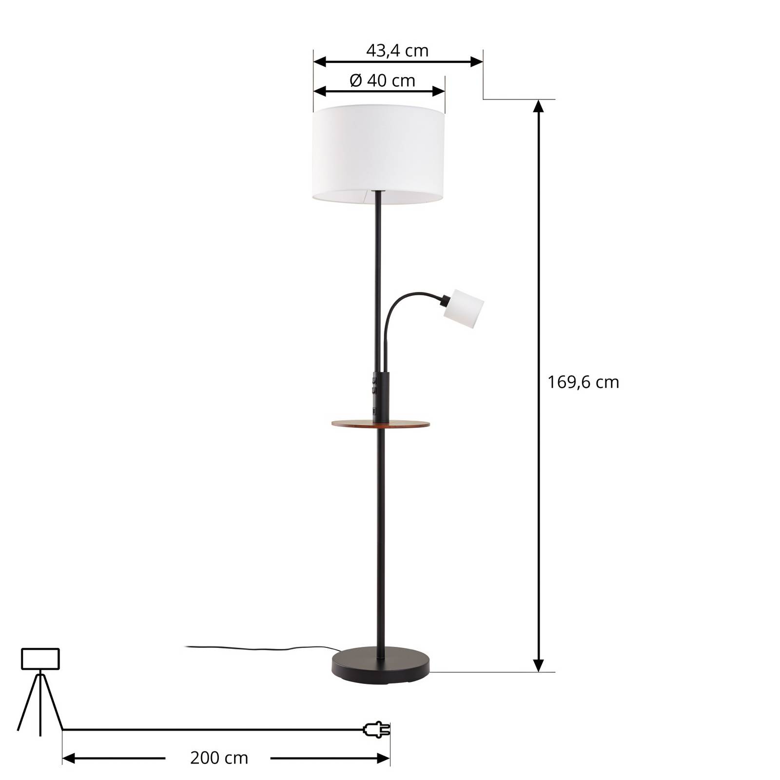 Lindby Lampa podłogowa Aovan, czarna, półka, port USB