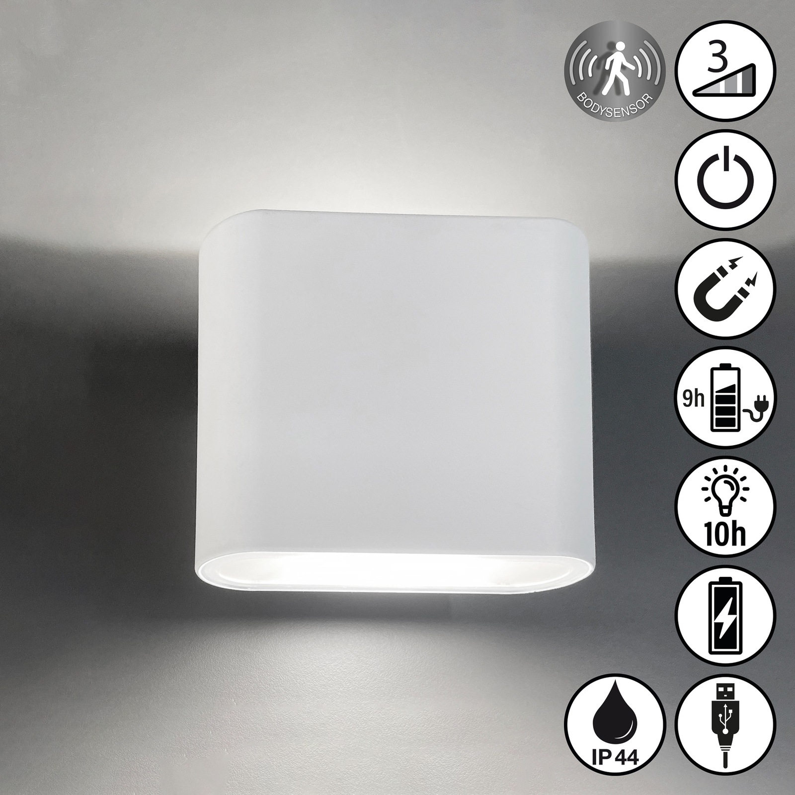 Aplique LED recargable Magnetics, blanco, arriba & abajo, ancho 10 cm