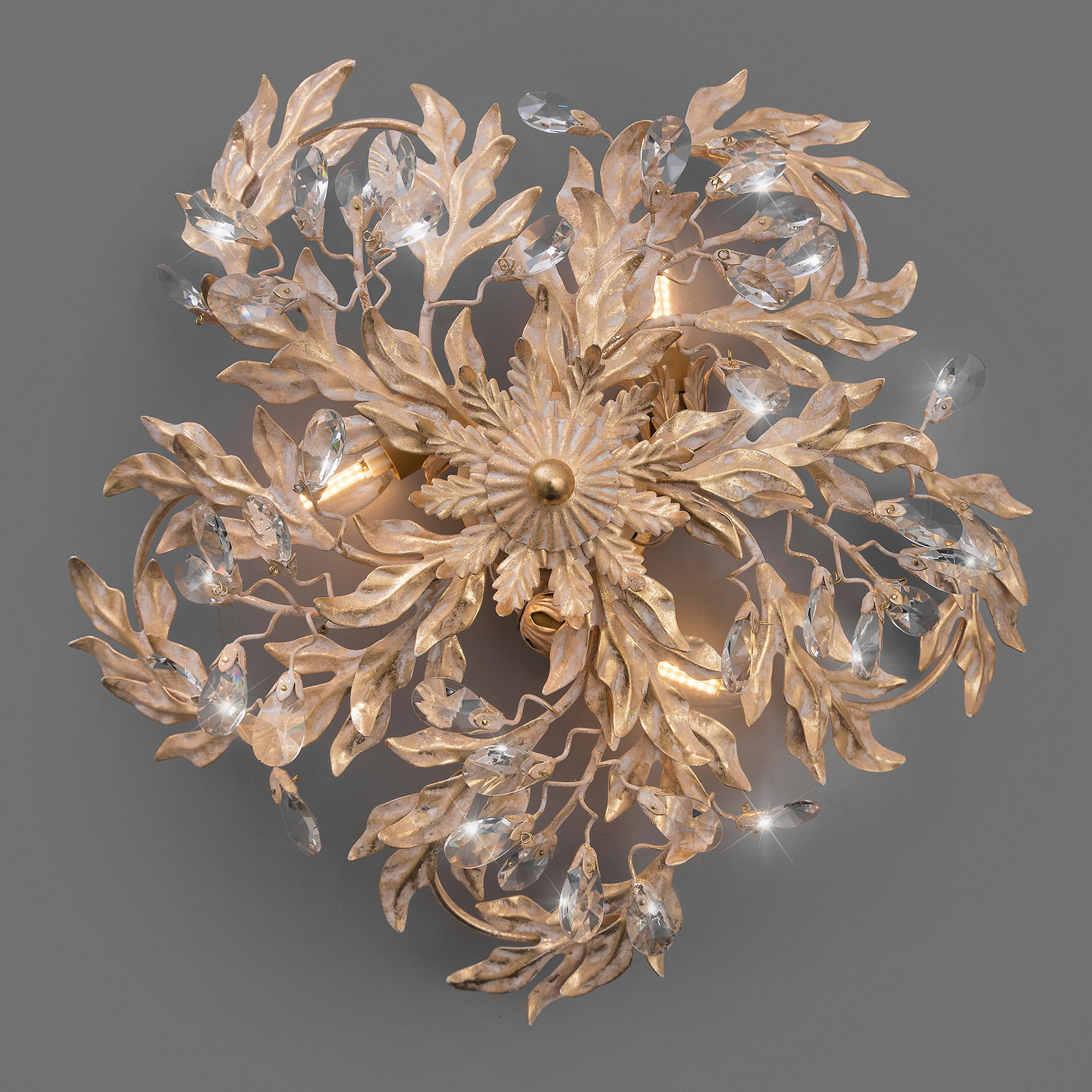 Ferro Luce 44/3 PL ceiling light, 3-bulb with gold leaf, for Living / Dining Room, iron, Asfour crystal, E14, 40 W, energy efficiency: A++, H: 18 cm