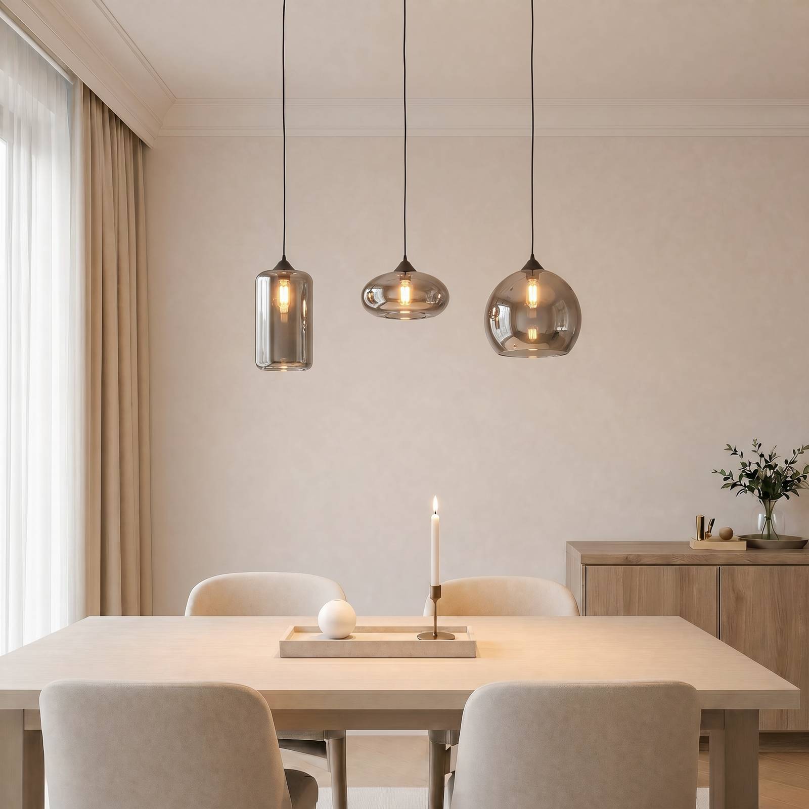 Lindby hanglamp Marla, 3-lamps, glas, rookgrijs, 102cm