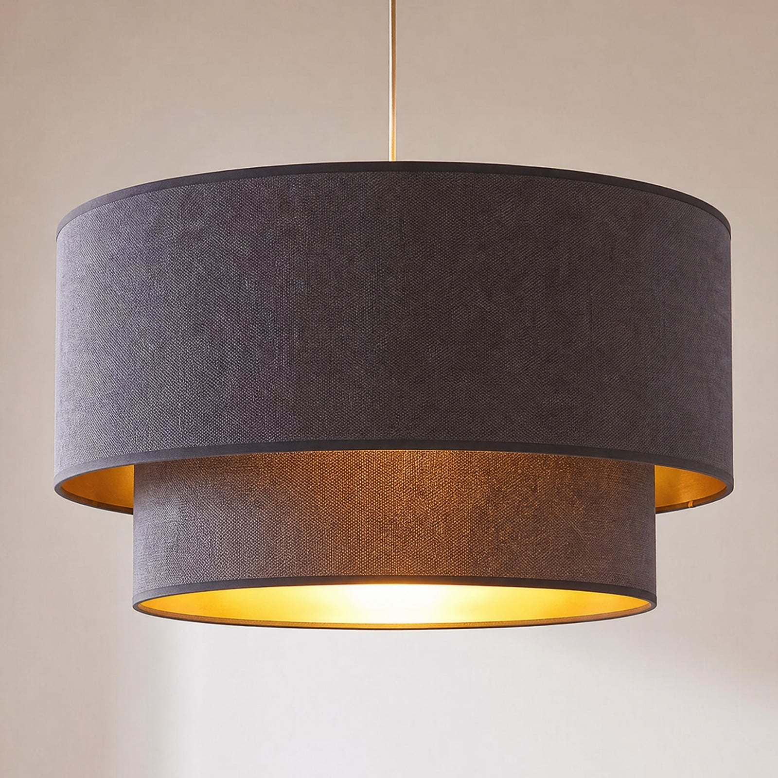 Boho-pendellampe, grå/gull, Ø 45 cm, tekstil, E27 – Duolla - Soverom - Ungdommelig - Stoff / Tekstil - Med en lyskilde