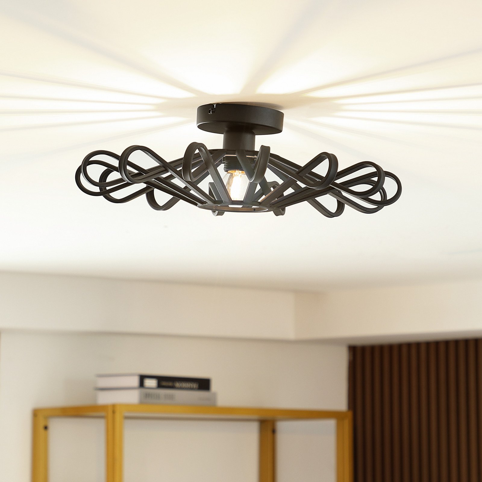 Plafonieră Lindby Kaelen negru fier Ø 45 cm E27 - Camera de zi / sufragerie - Casă de țară / Rustic - Metal