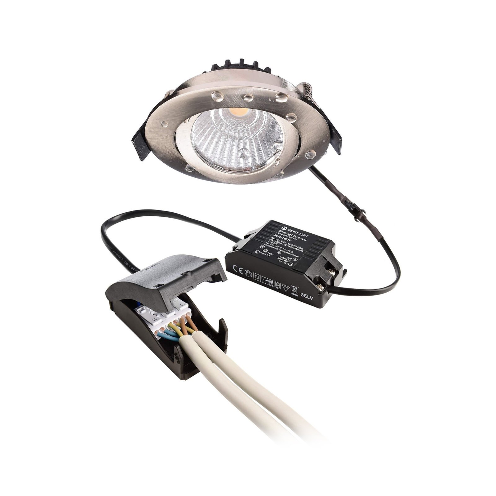 LED-takinbyggnadslampa Dione, IP44, 4.000 K, nickel, dimbar