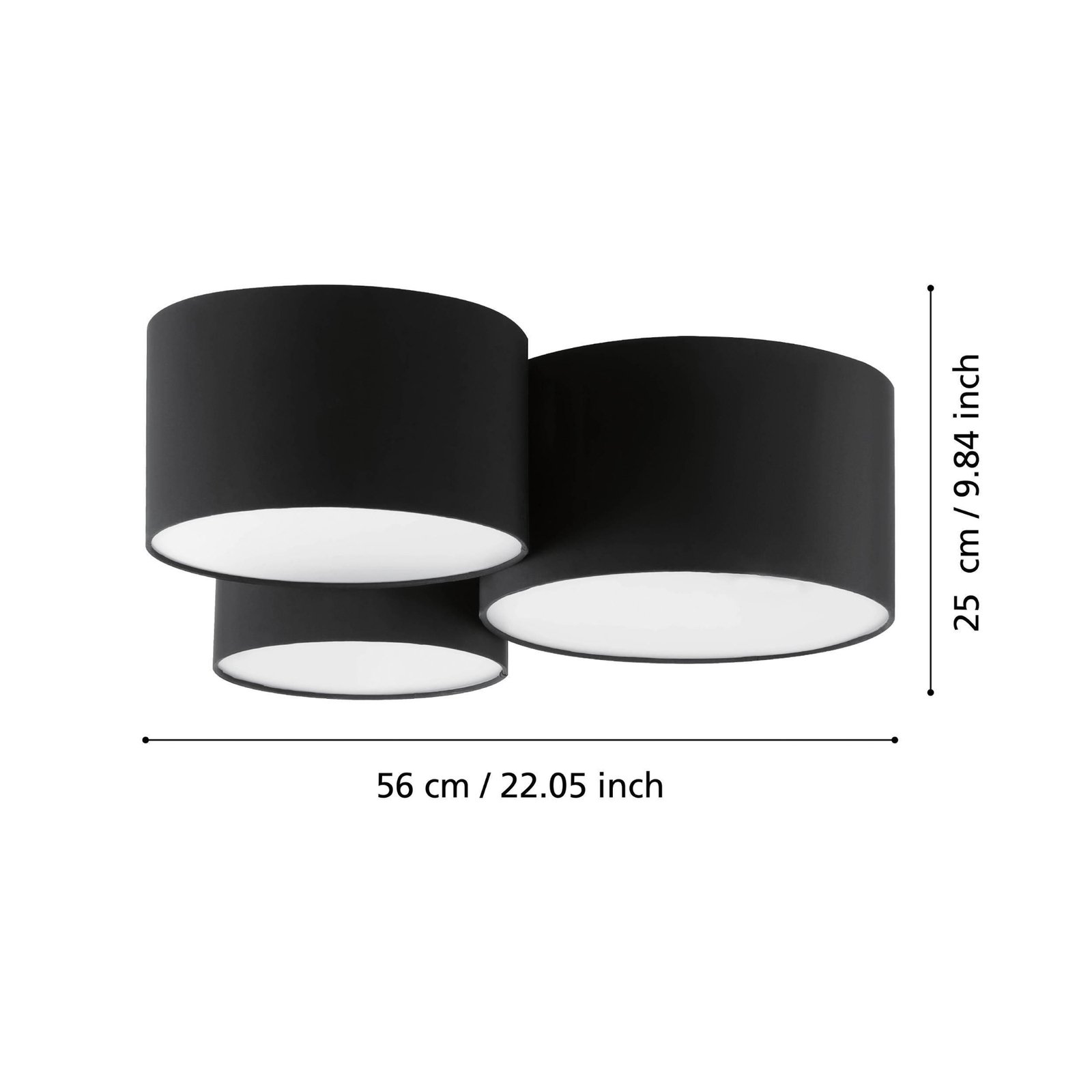 Taklampe Pastore 2, lengde 61 cm, svart, 3 lyskilder, stoff