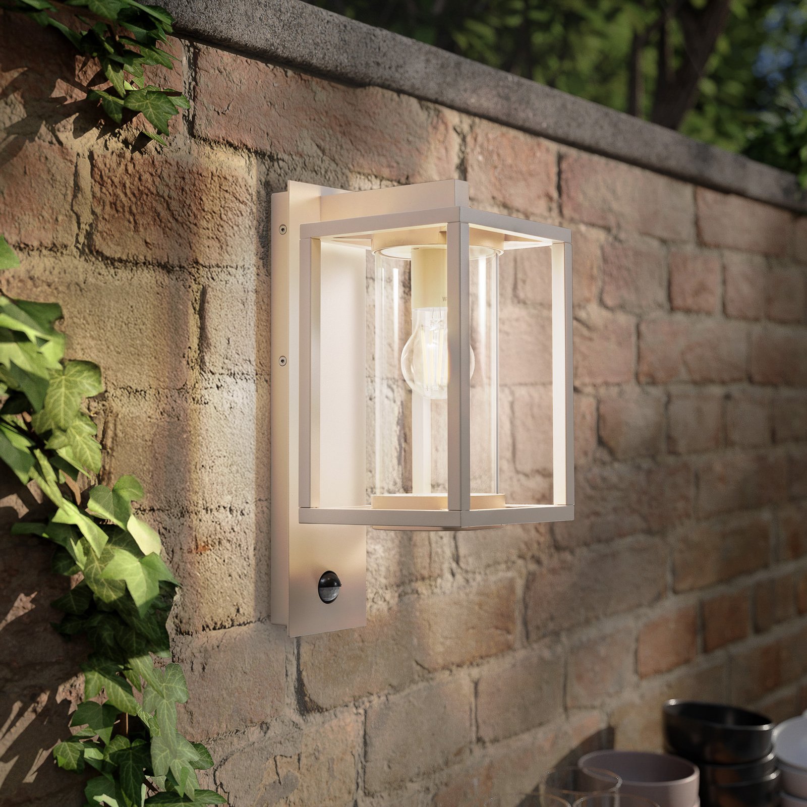 Lucande outdoor wall light Ferda, sensor, pendant, beige, E27