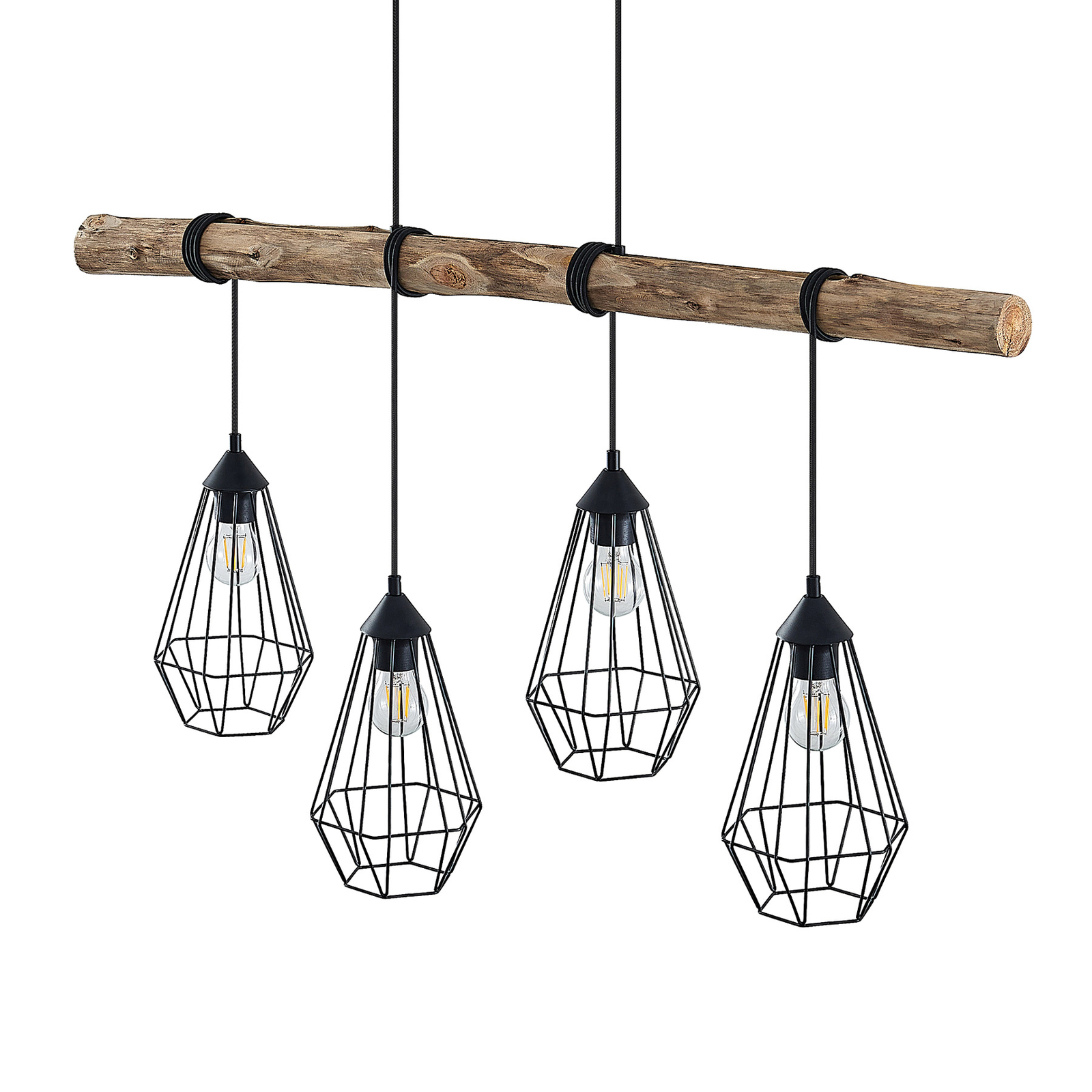 Lindby Eldarion hanglamp met houten balk, 4-lamps