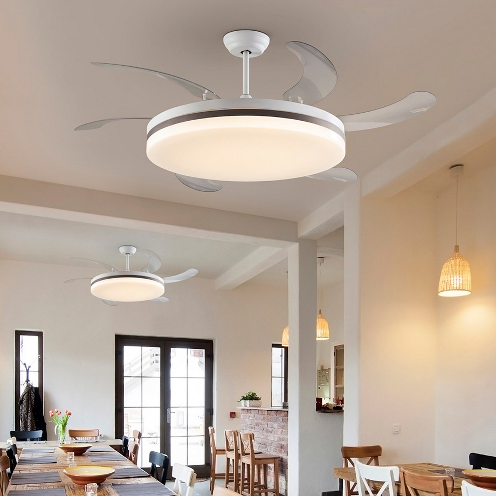 LED stropni ventilator Vento bel/bronz/prozoren, Ø 150 cm tih