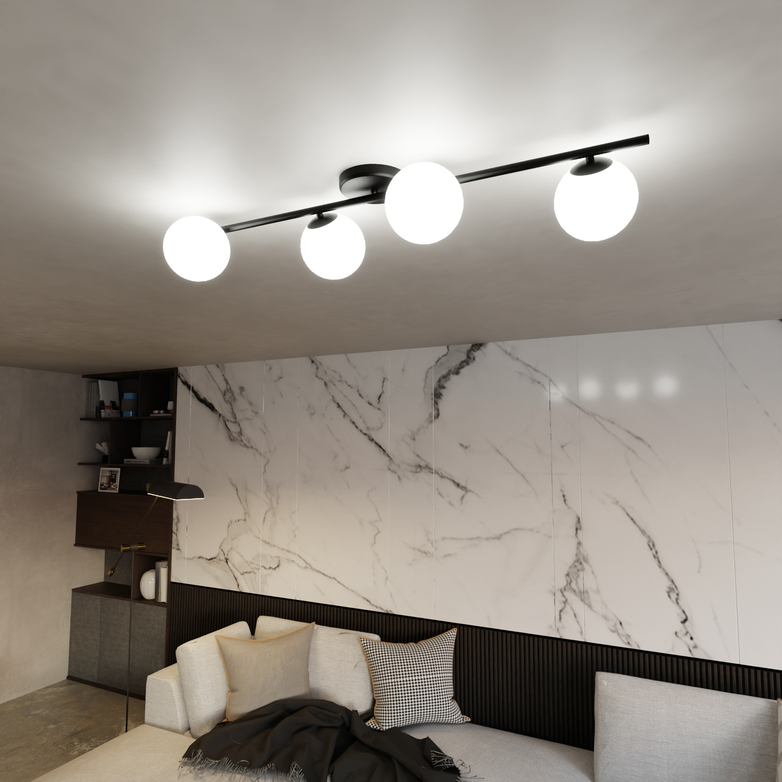 Glassy ceiling light, 4-bulb, linear, black/opal