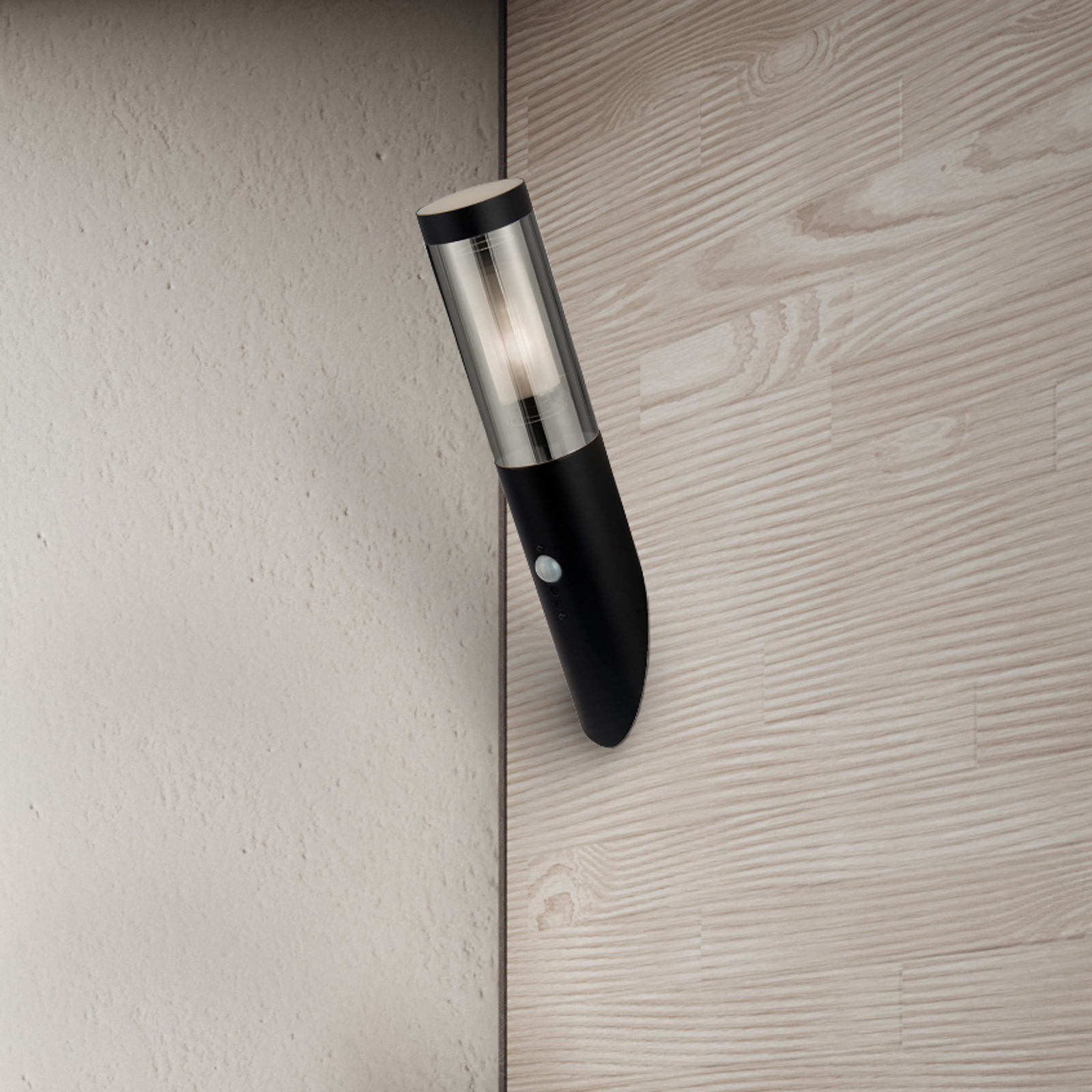 Vonkajšie nástenné svietidlo Batton, výška 40 cm, čierna/dymovo sivá, senzor