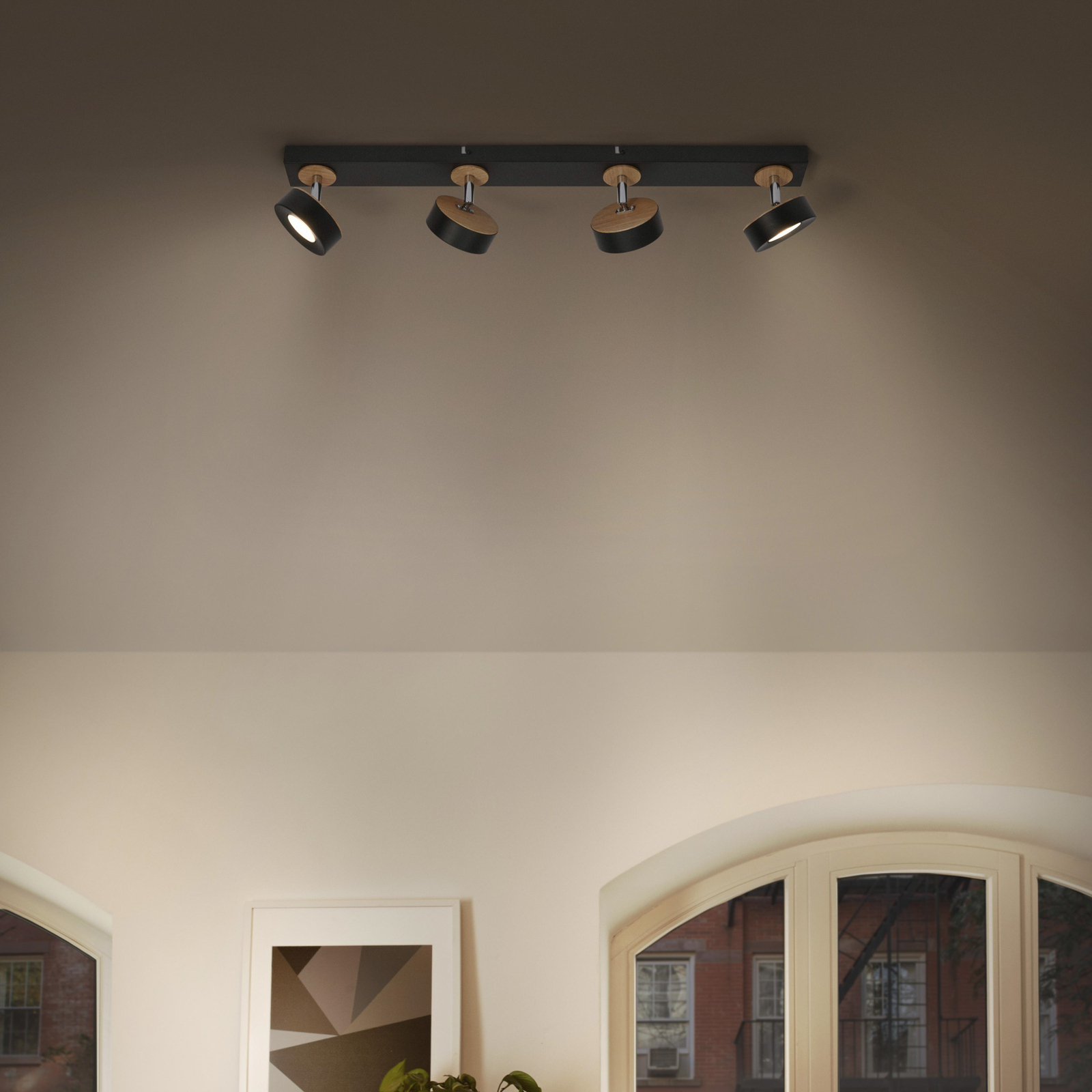 LEDVANCE Projetor de teto LED Pluto, aço, madeira, 4 luzes, preto