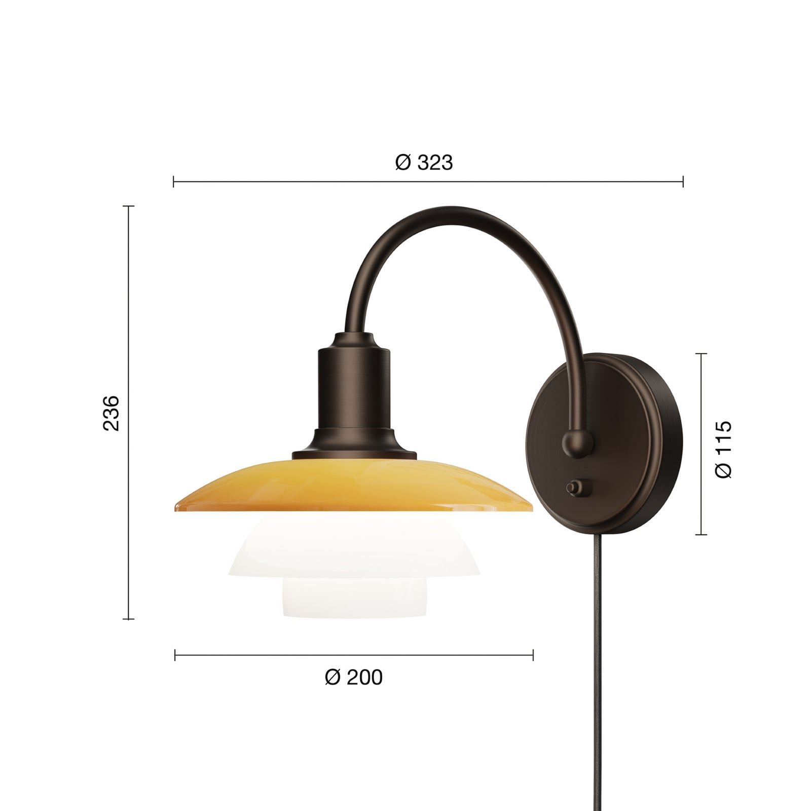 Louis Poulsen wandlamp PH 2/2, uitstrekking 32 cm, amber/wit Louis Poulsen wandlamp PH 2/2, uitstrekking 32 cm, amber/wit