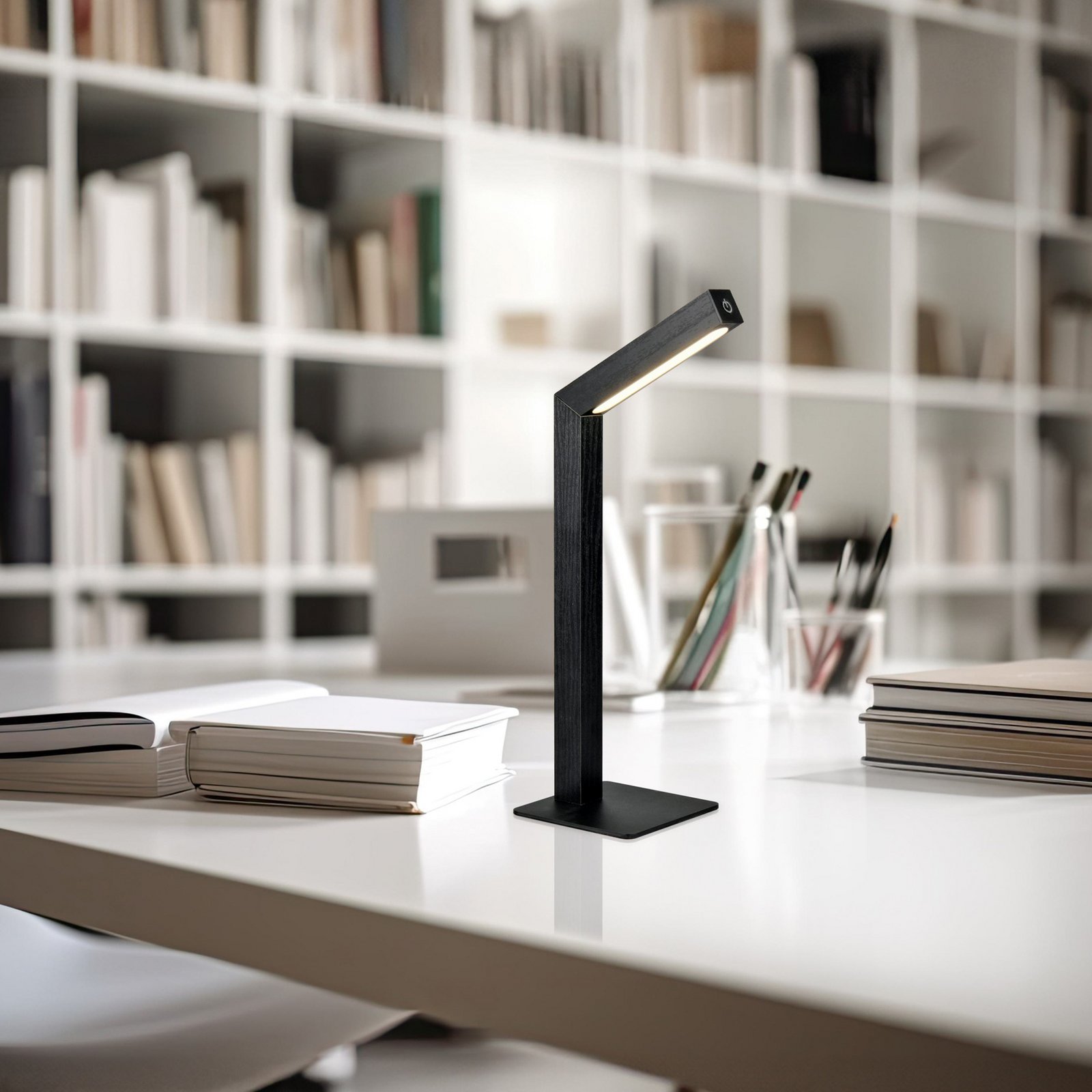 LED rechargeable table lamp Skip, black, MDF, height 37.5 cm