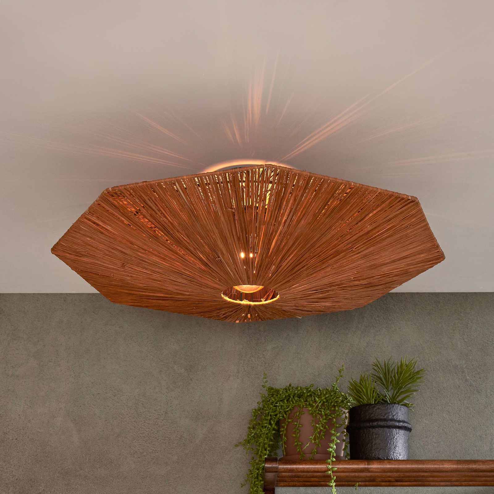 GOOD & MOJO Panama ceiling light, brown, Ø 65 cm, raffia