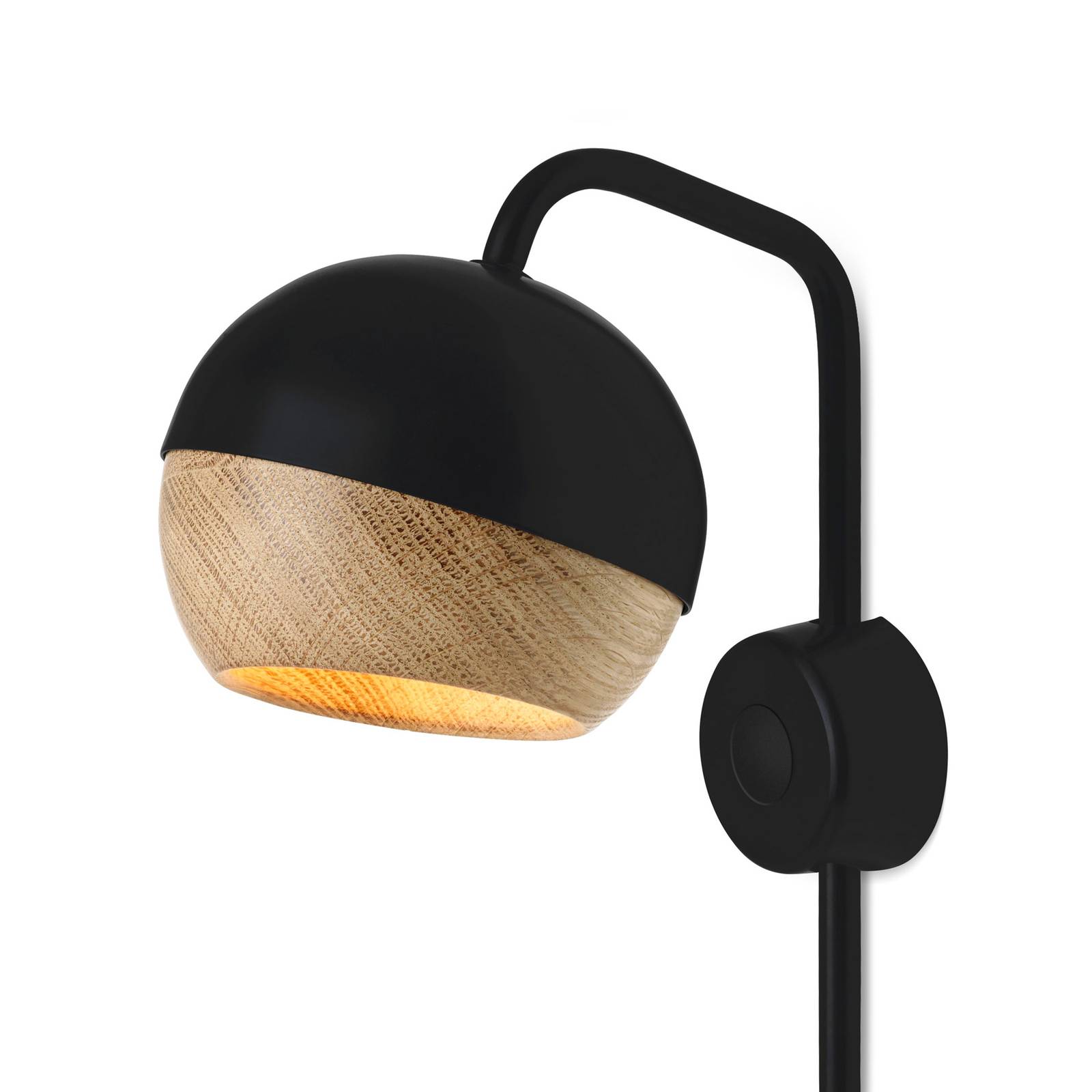 MATER Mater Ray wall light, black/oak, for Living / Dining Room, steel, oak, fabric, G9, 3.5 W, H: 31.8 cm