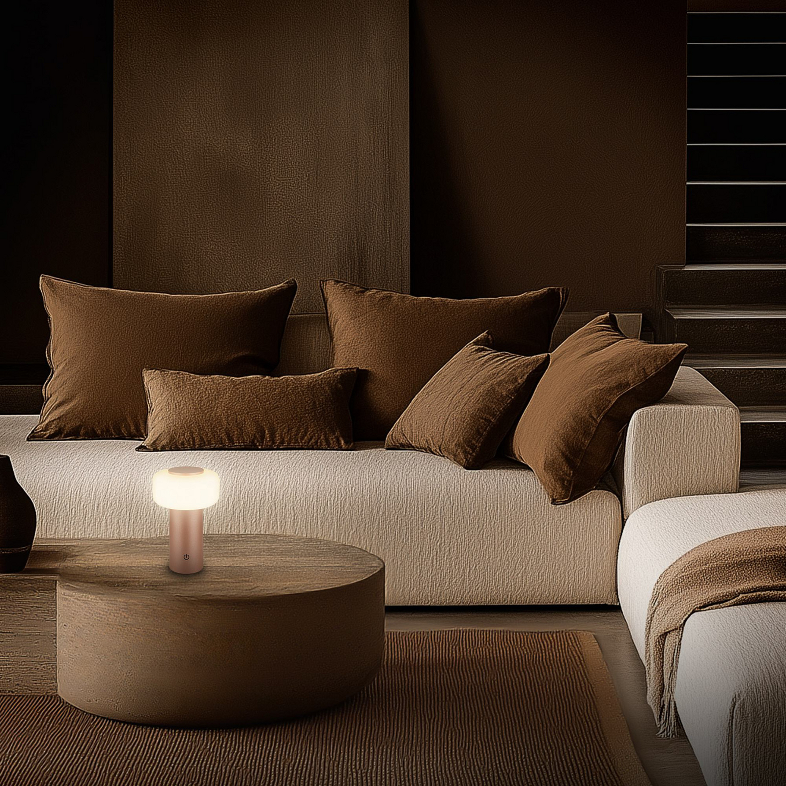 Juna LED rechargeable table lamp, brown, IP44, dimmable, 20 cm