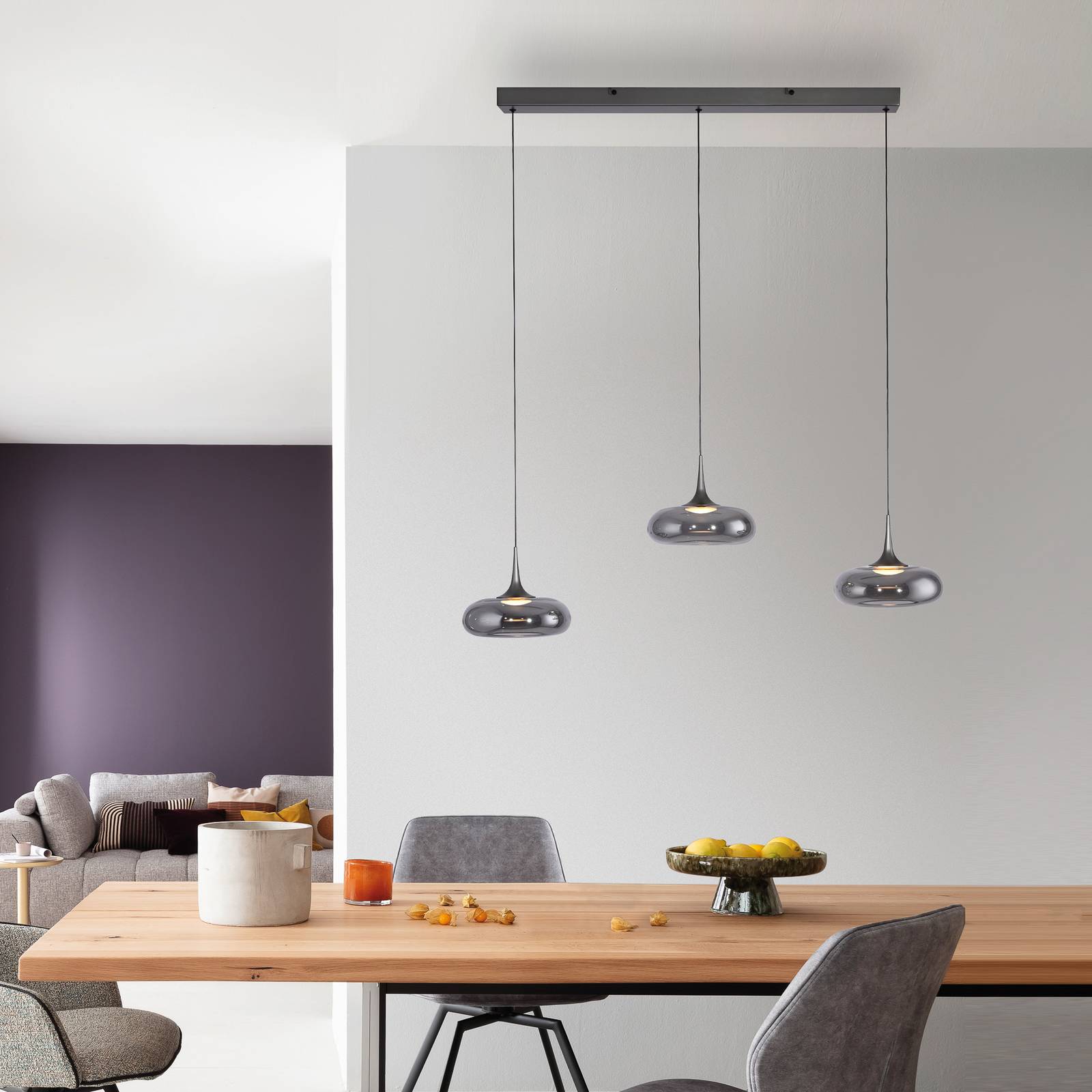 SCHÖNER WOHNEN LED-Hängelampe Posh 3-fl., Rauchglas, 3.000 K günstig online kaufen