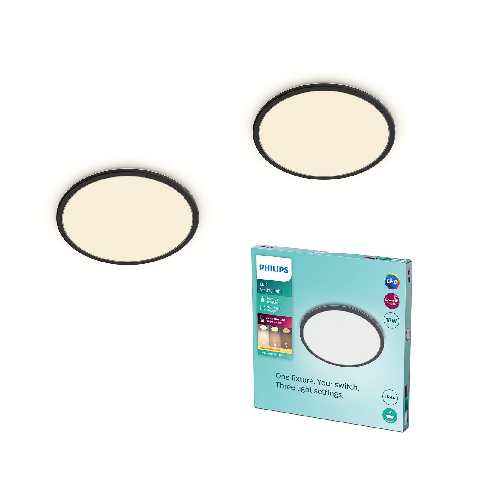 Philips LED SuperSlim 2er-Set schwarz IP44 Ø 30cm 2.700K