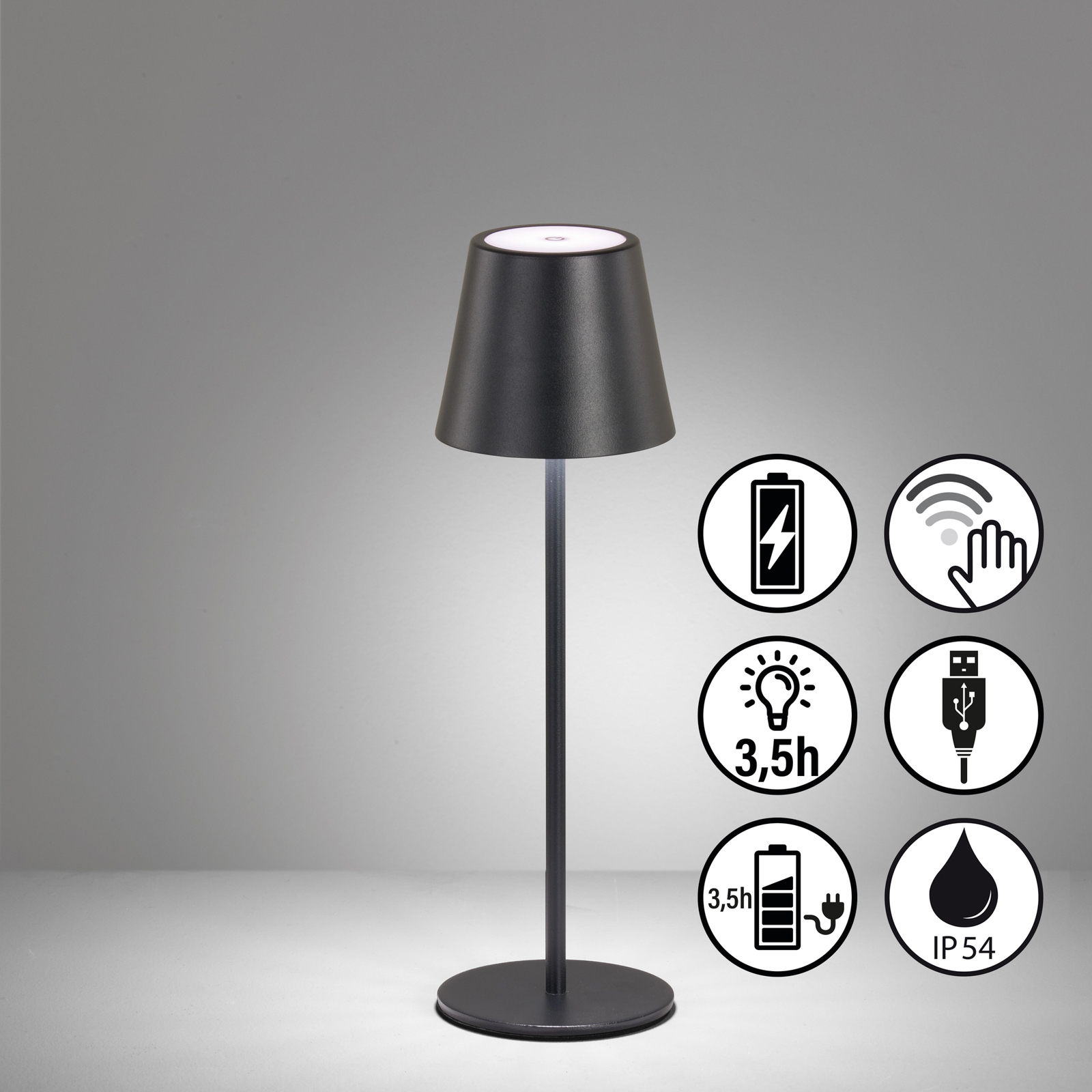 Lampe de table LED rechargeable Viletto, noir, IP54