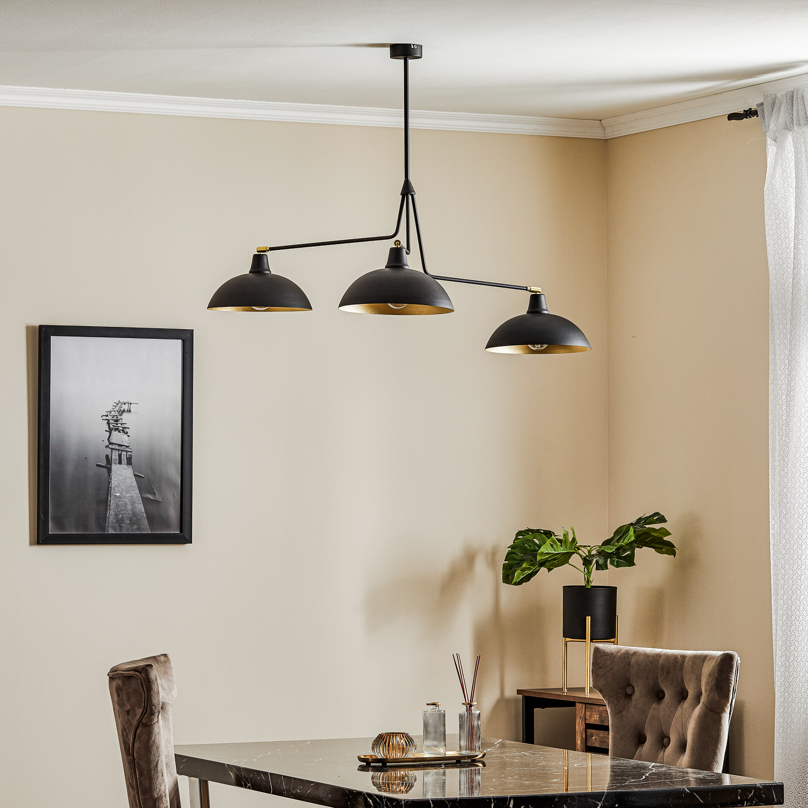 1036 hanging light, three-bulb, black and gold