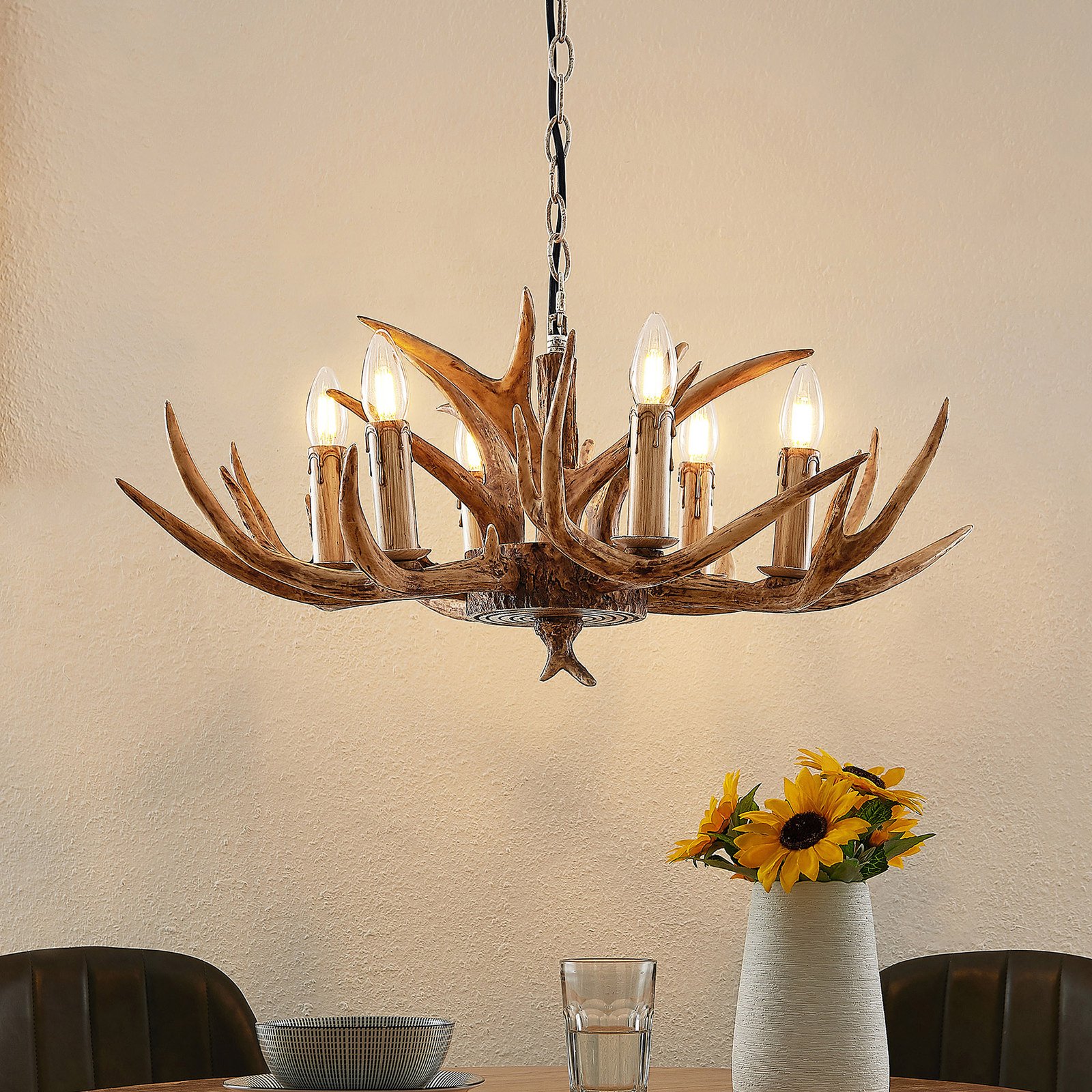 Lindby Tejask hanging light, antler, 6-bulb, 70 cm
