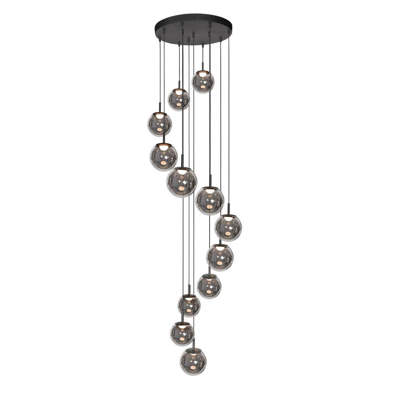 LED pendant light Bollique, 12-bulb. Round, black, glass