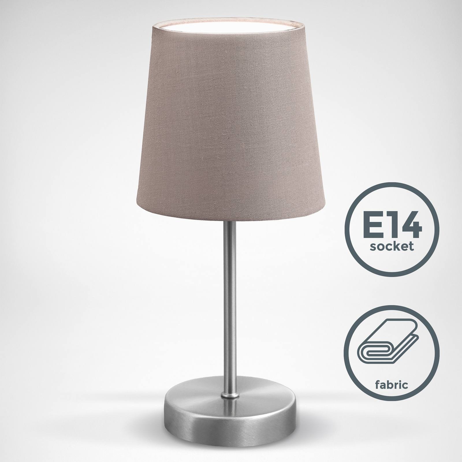 Stolní lampa Kaneo, taupe, výška 30,8 cm, kov, textil, E14 Stolní lampa Kaneo, taupe, výška 30,8 cm, kov, textil, E14