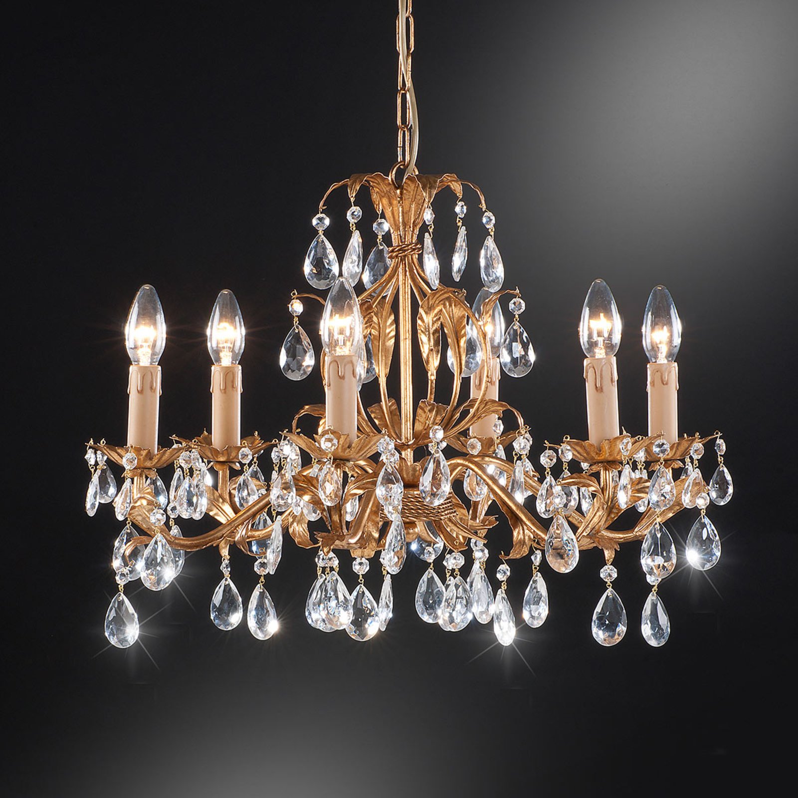 90/6 chandelier, 6-bulb, glass hanging elements