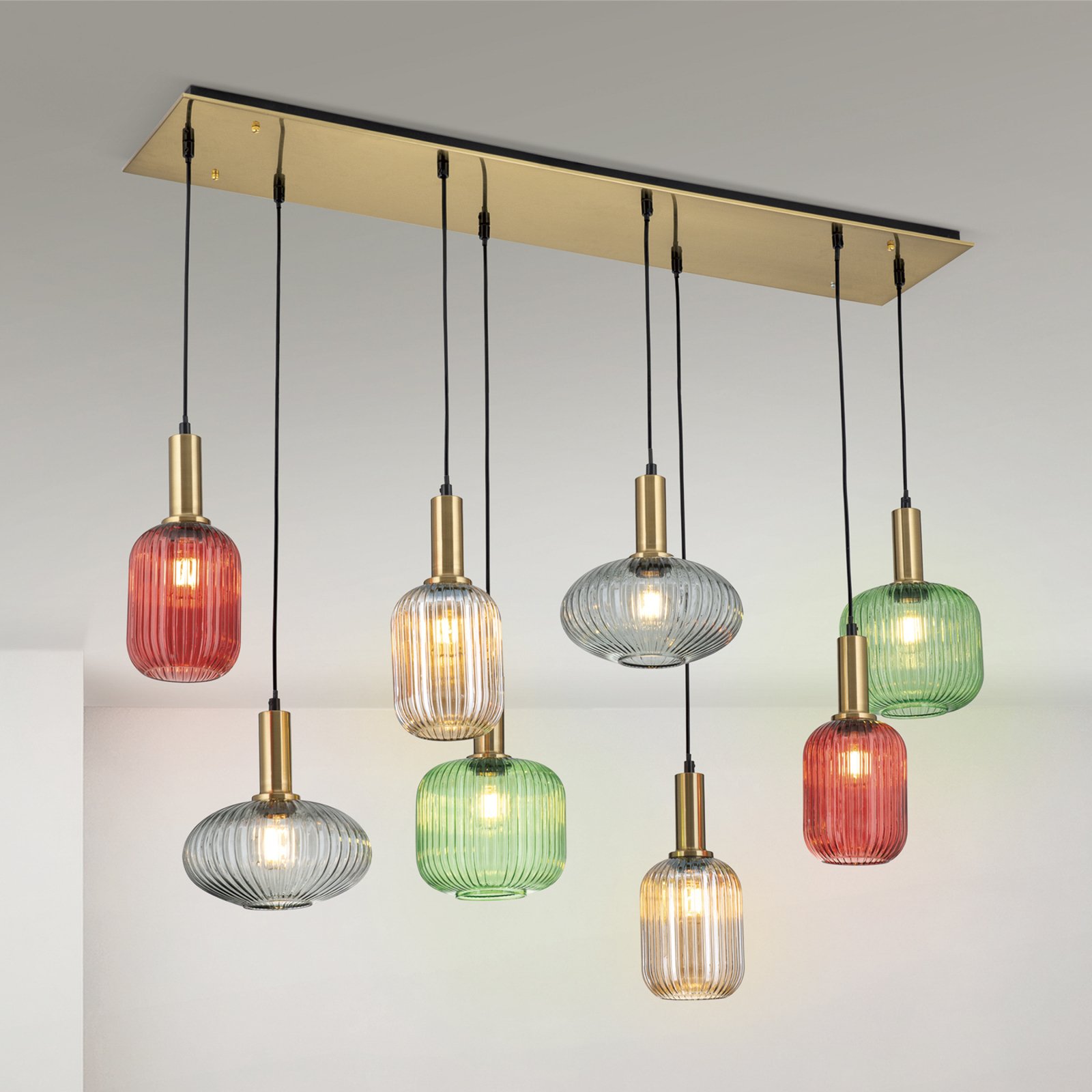 Carneval pendant light, colourful, length 140 cm, glass, 8-bulb.