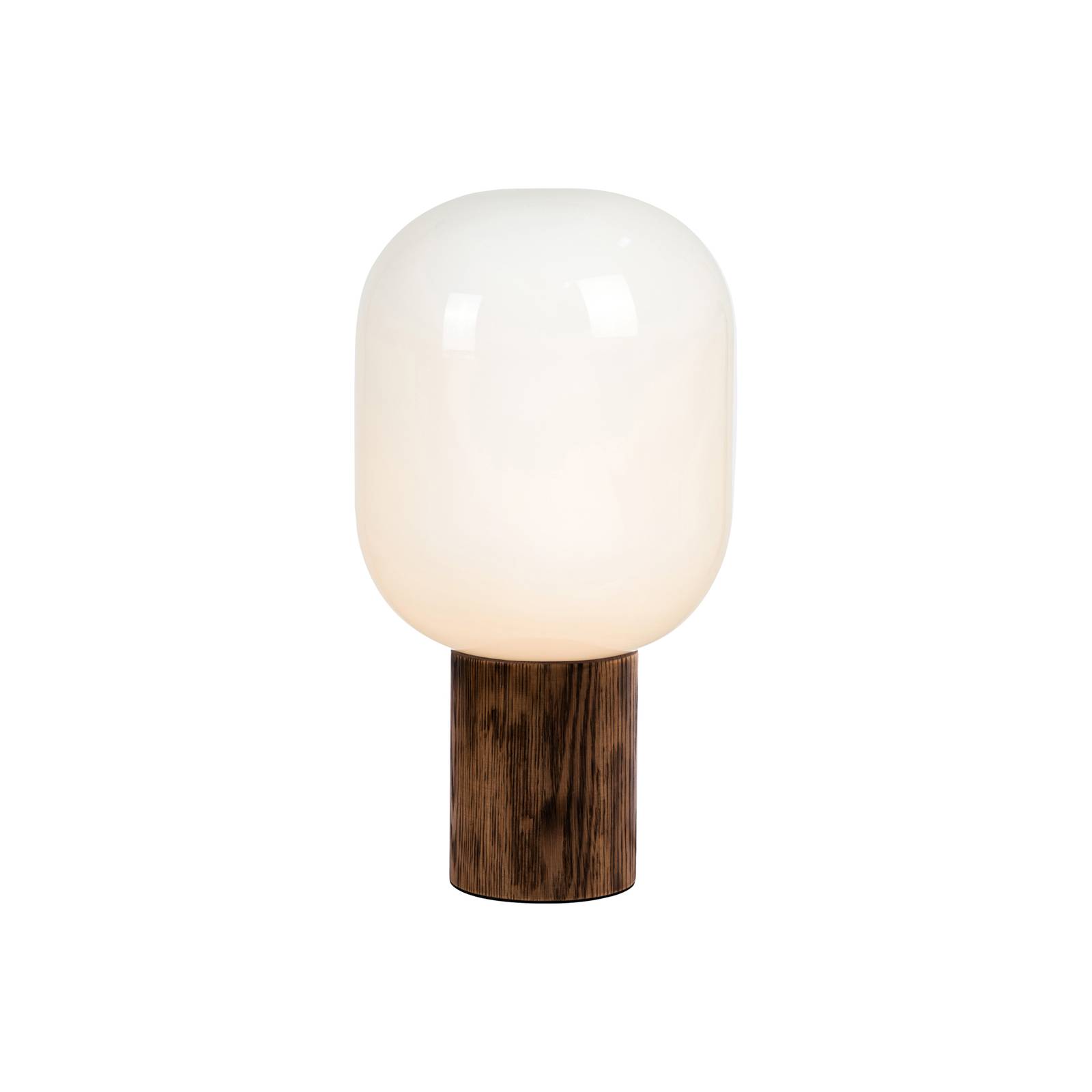 Tischleuchte Skene mit Holzfuß und Glasschirm 44cm