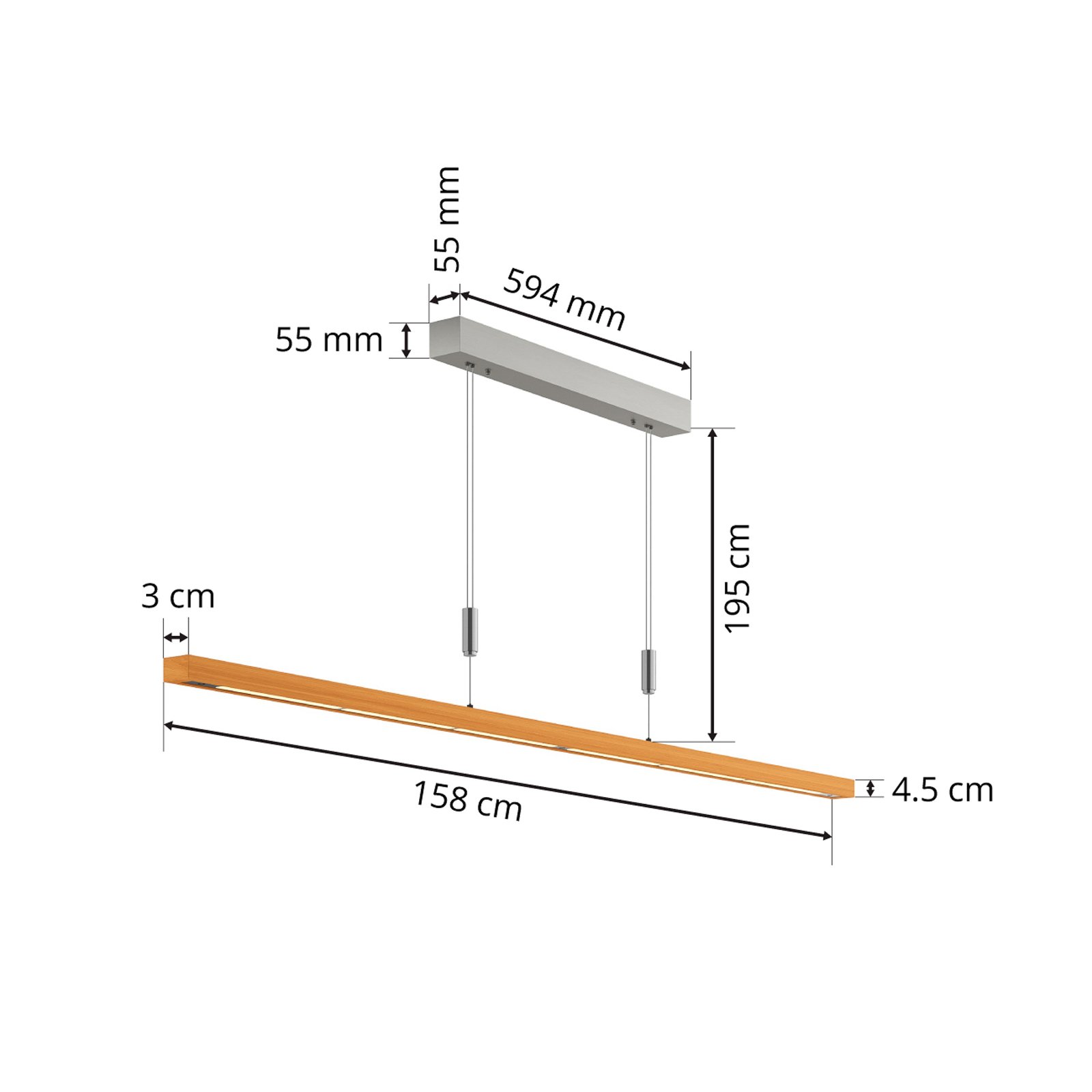 Quitani LED-Pendellampe Nora, Eiche natur, Länge 158 cm