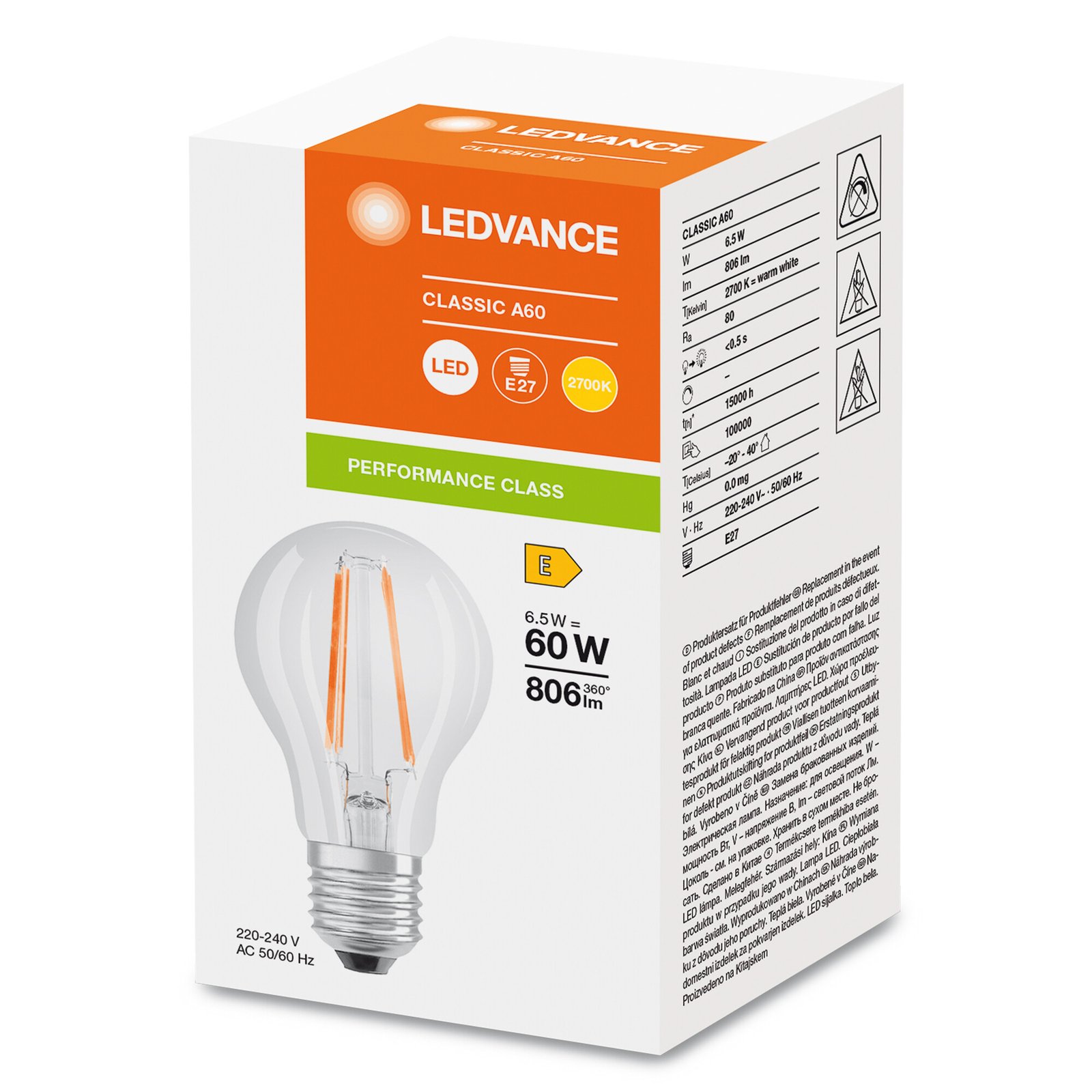 LED-Filamentlampe E27 6,5W 827, transparent