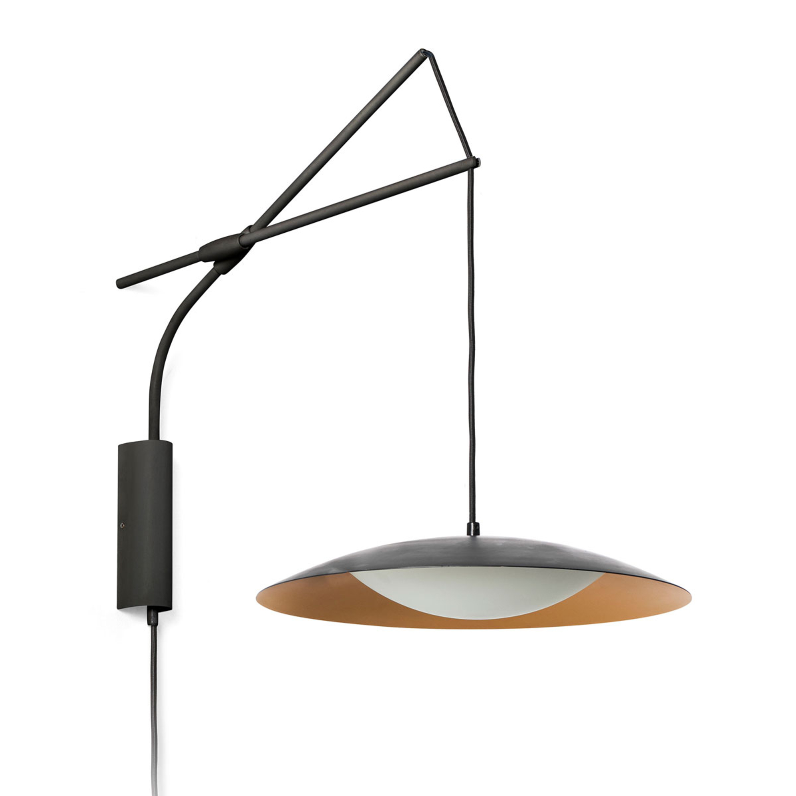FARO BARCELONA Slim LED wall light with plug, black and gold, for Living / Dining Room, metal, opal glass, 20 W, energy efficiency: A+