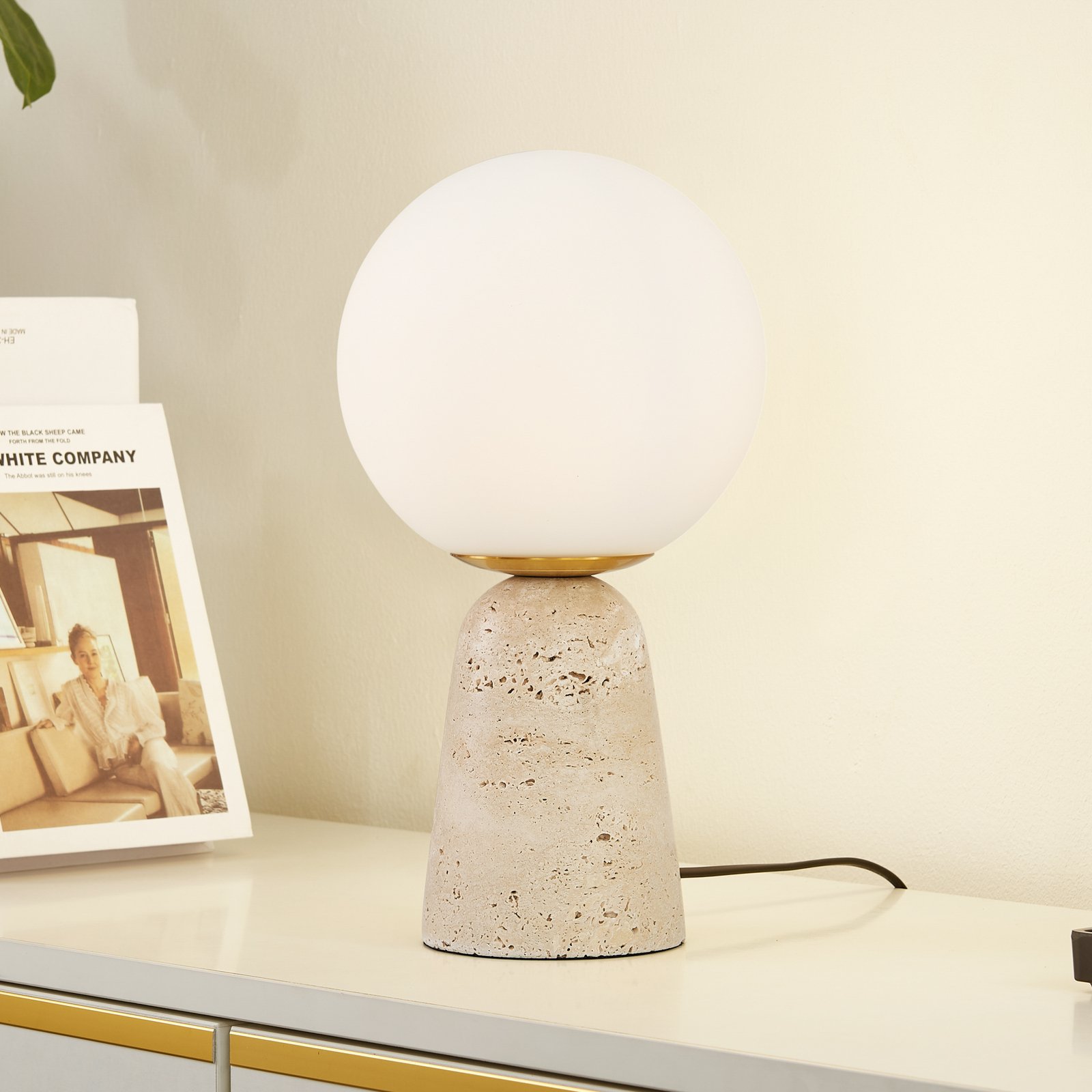 Lindby lampe à poser Kirstan, beige, blanc, verre, pierre, 33 cm