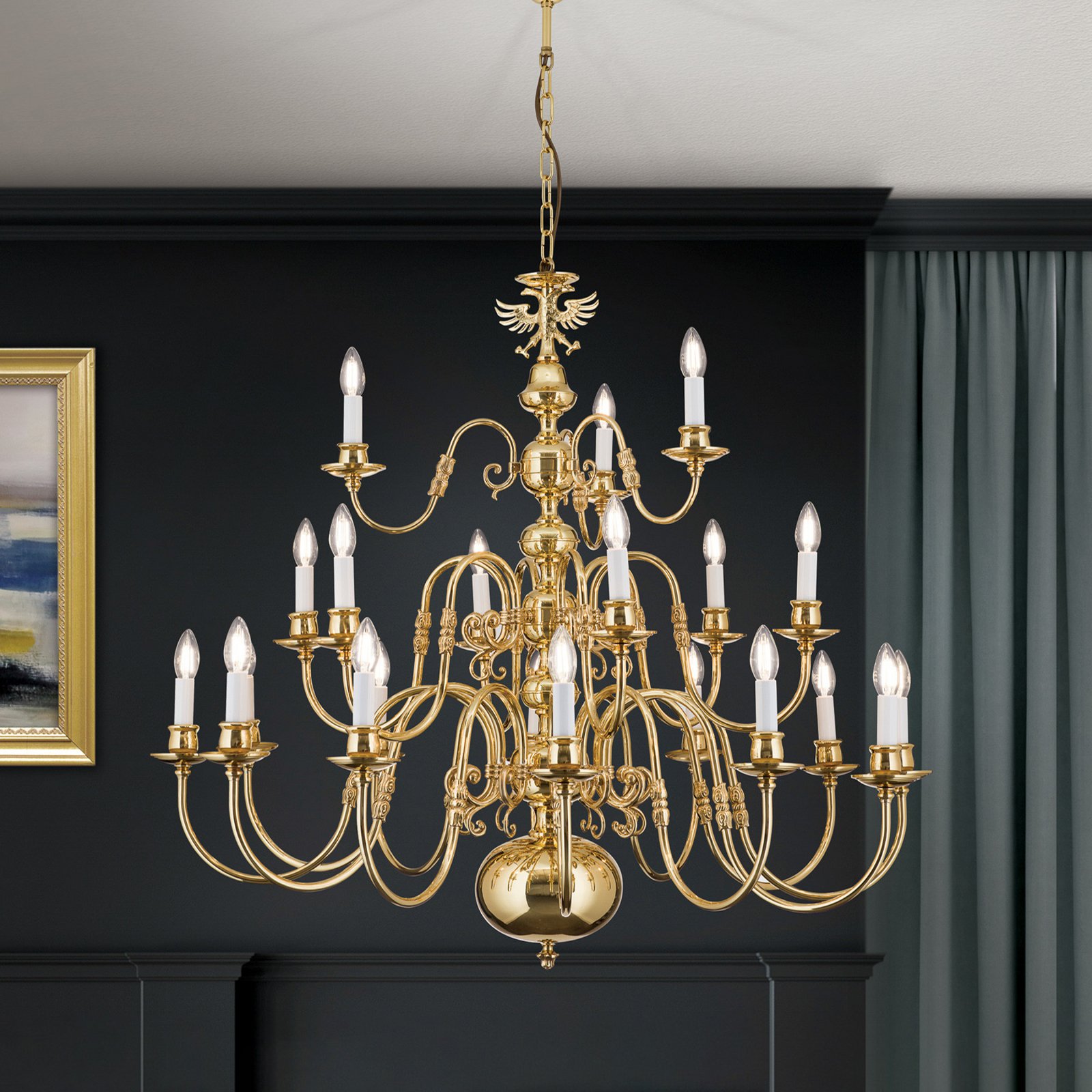 Flemish chandelier Maximilian, 21-bulb, with eagle