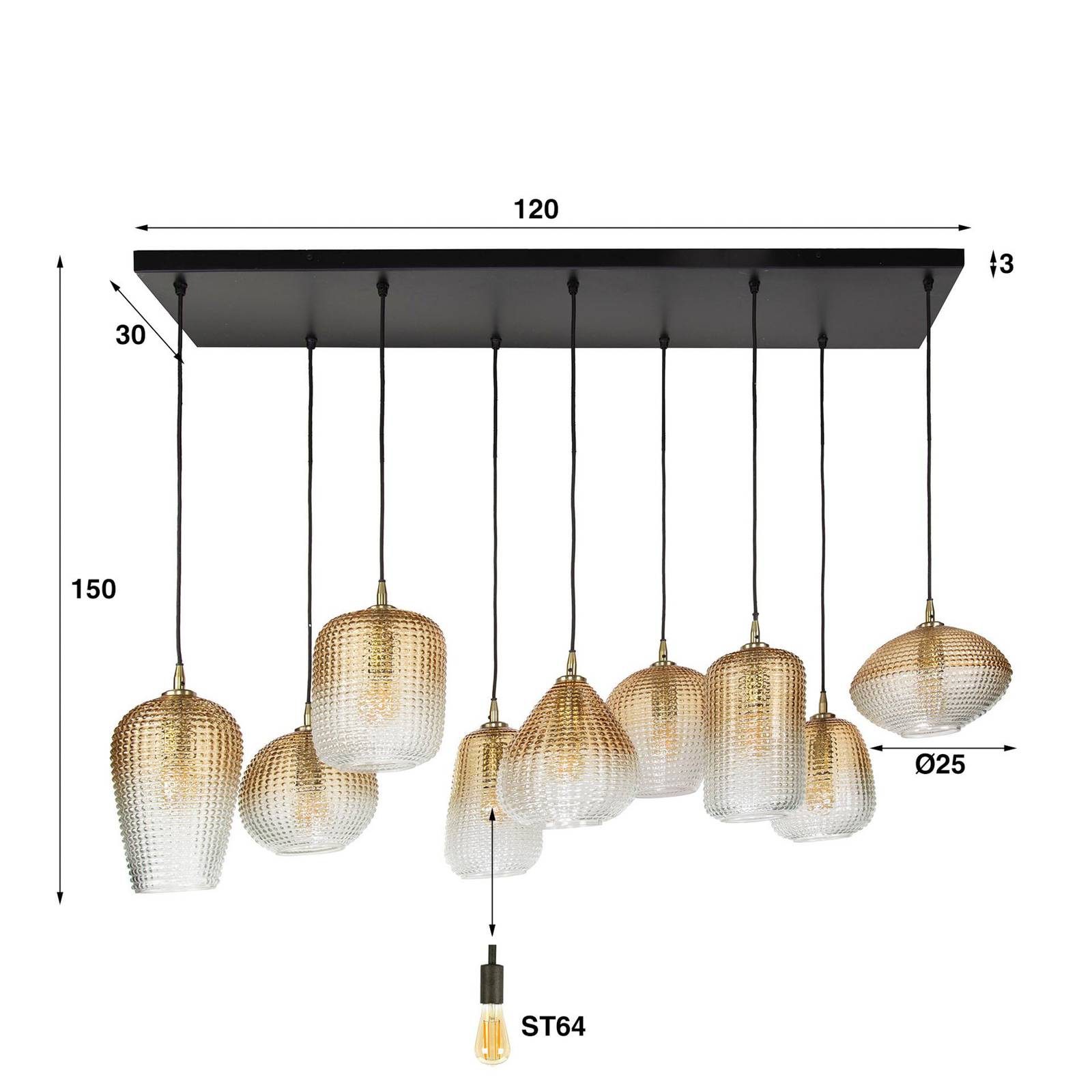Lampa wisząca Dot, bursztyn, 120 x 40 cm, szkło, 9-punktowa