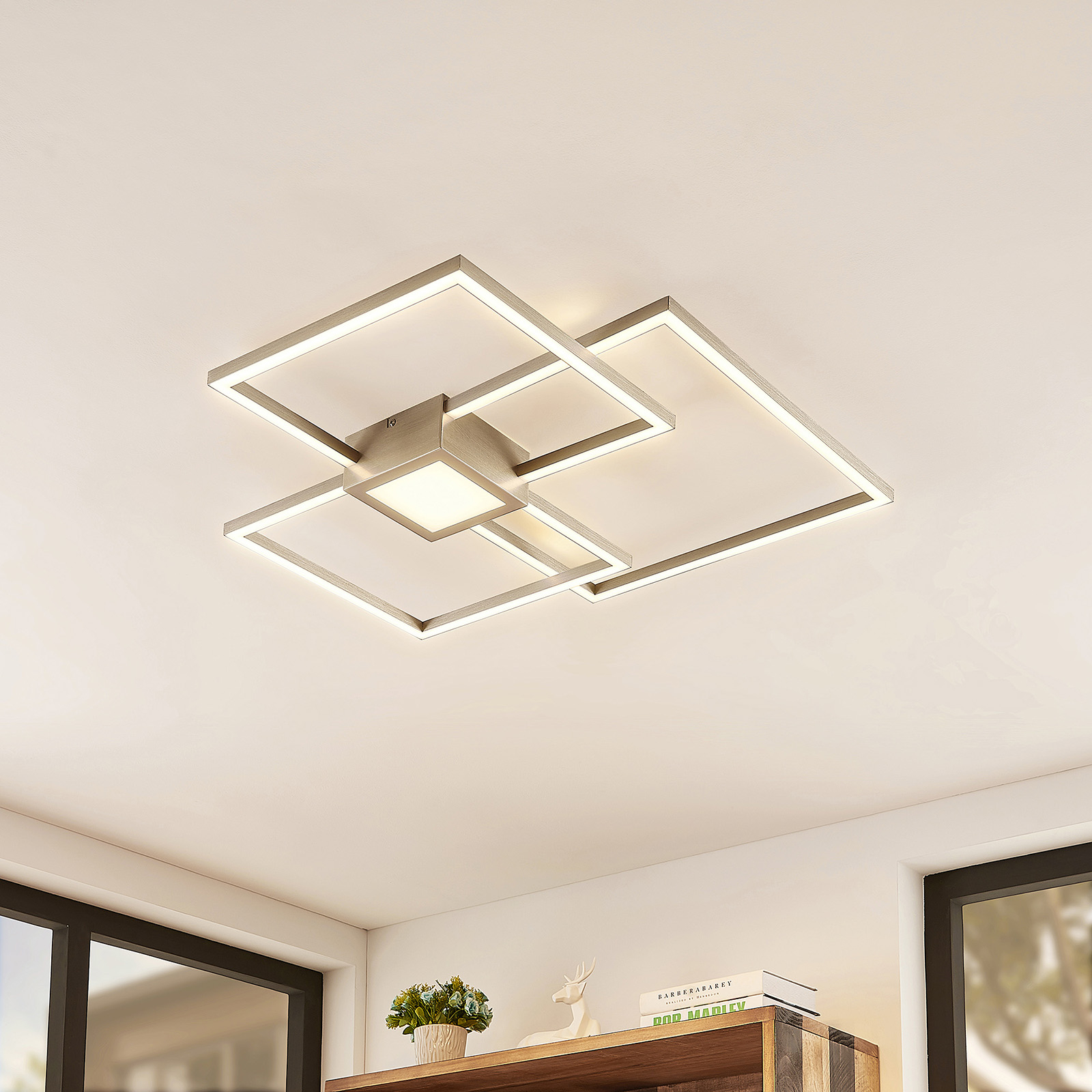 Lindby Duetto LED ceiling lamp nickel 38W, for Living / Dining Room, aluminium, plastic, 38 W, energy efficiency: A+, L: 65.5 cm, W: 65.5 cm, H: 6.5 cm