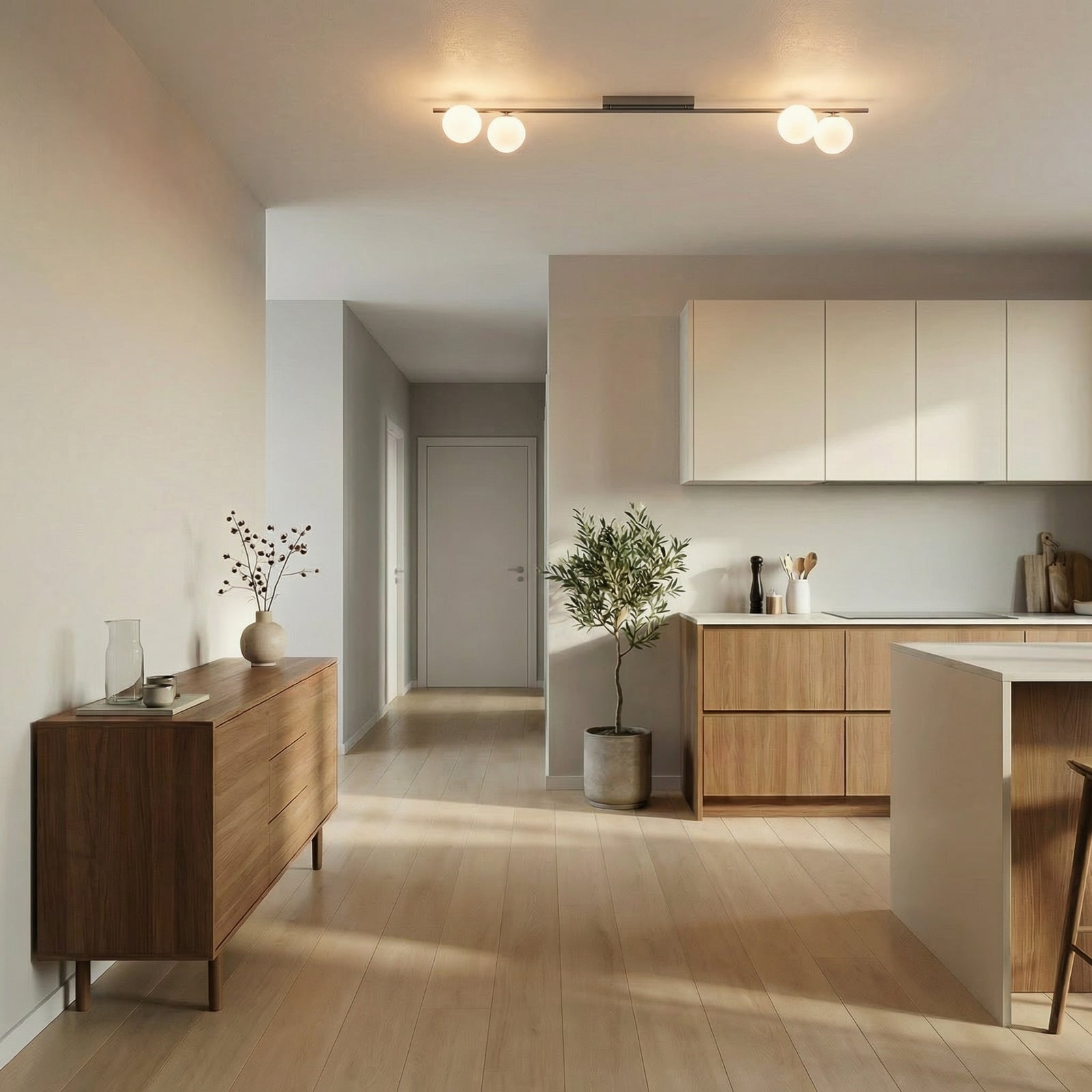 Plafón Imelo, marrón, 4 luces, cristal, longitud 140 cm