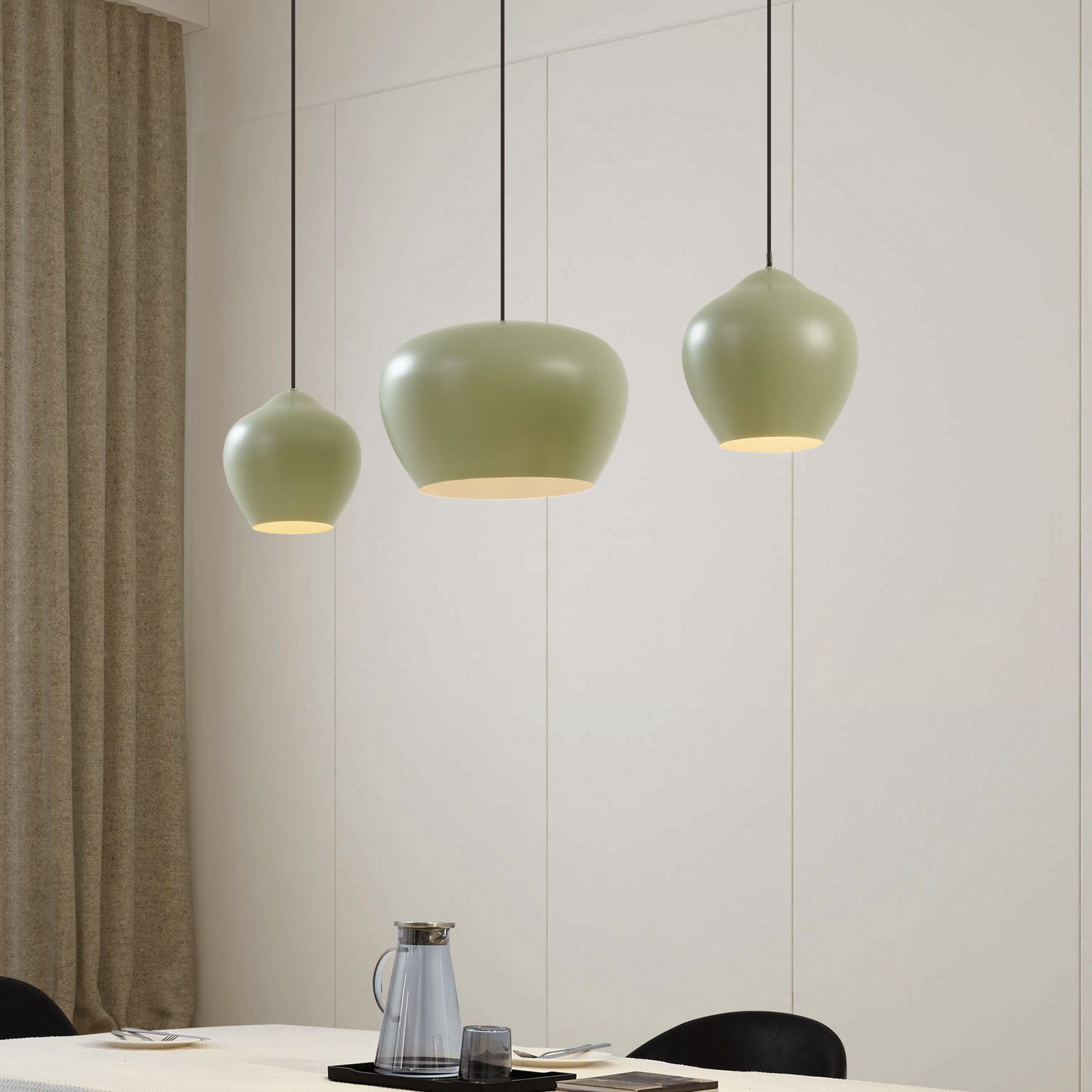 Lucande hanglamp Malisa, groen, 3-lamps, metaal, lengte 90cm