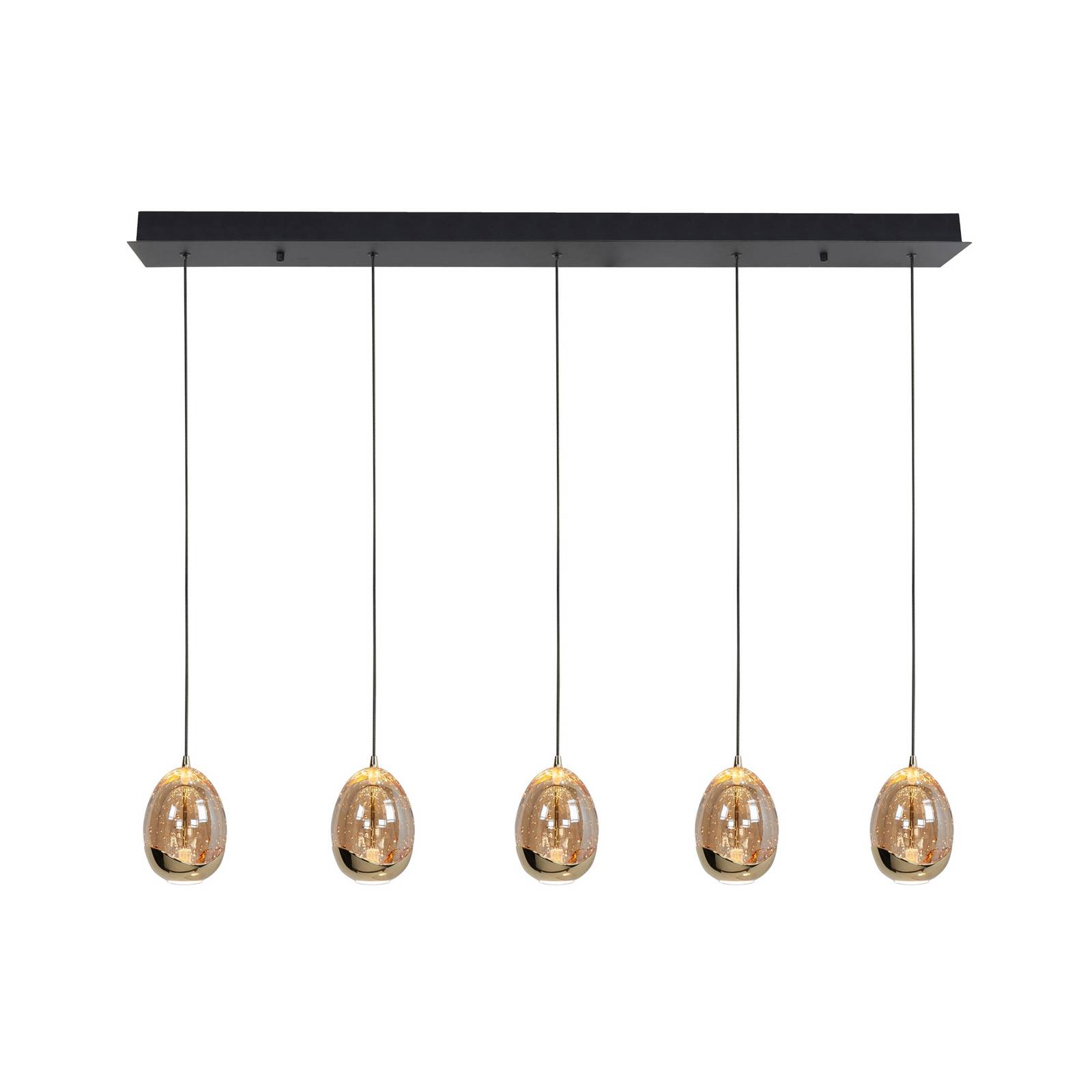 Lampa wisząca Golden Egg, bursztyn/złoto, długość 107 cm, 5-punktowa szklana