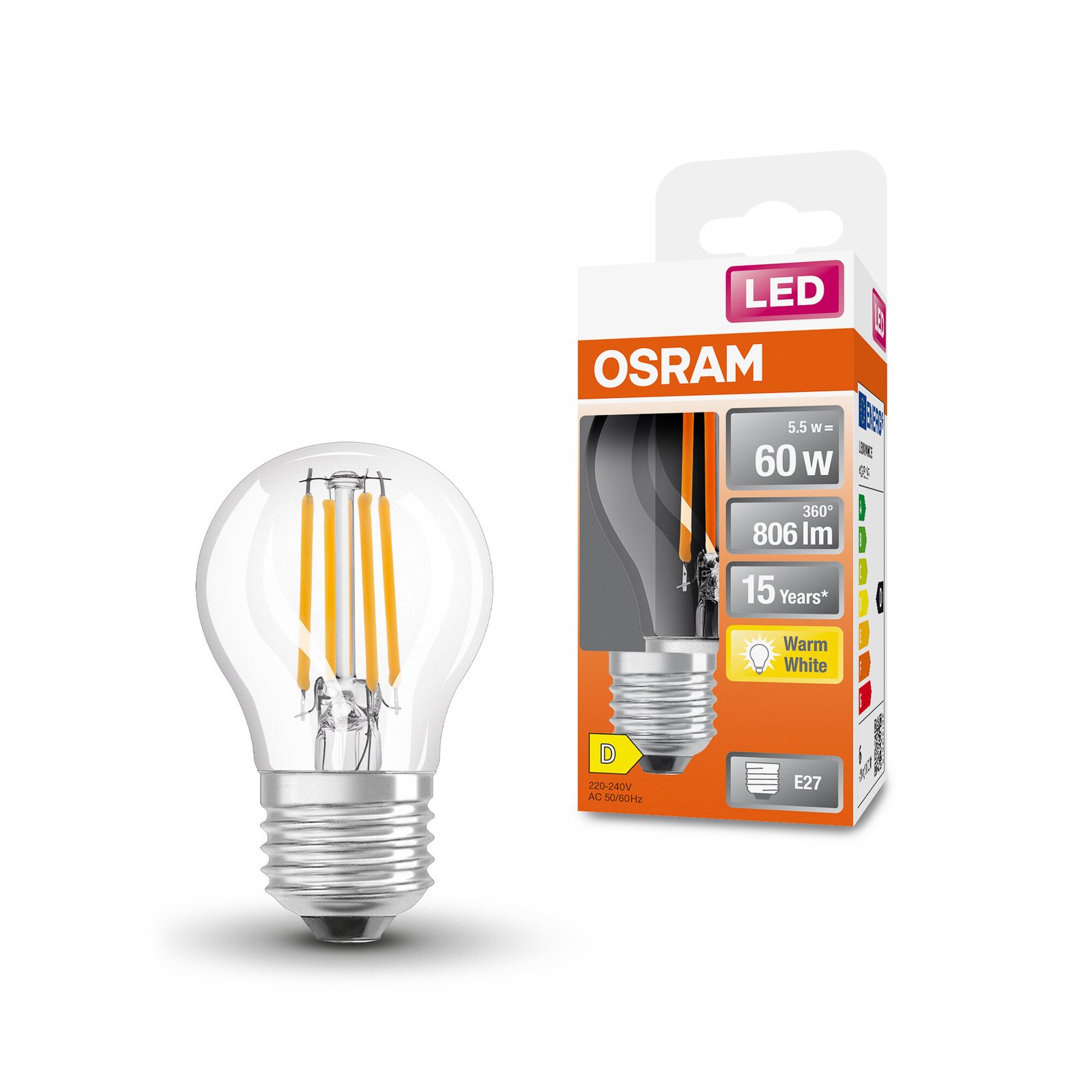 OSRAM-LED-lamppu E27 5,5W Classic P 2700K kirkas