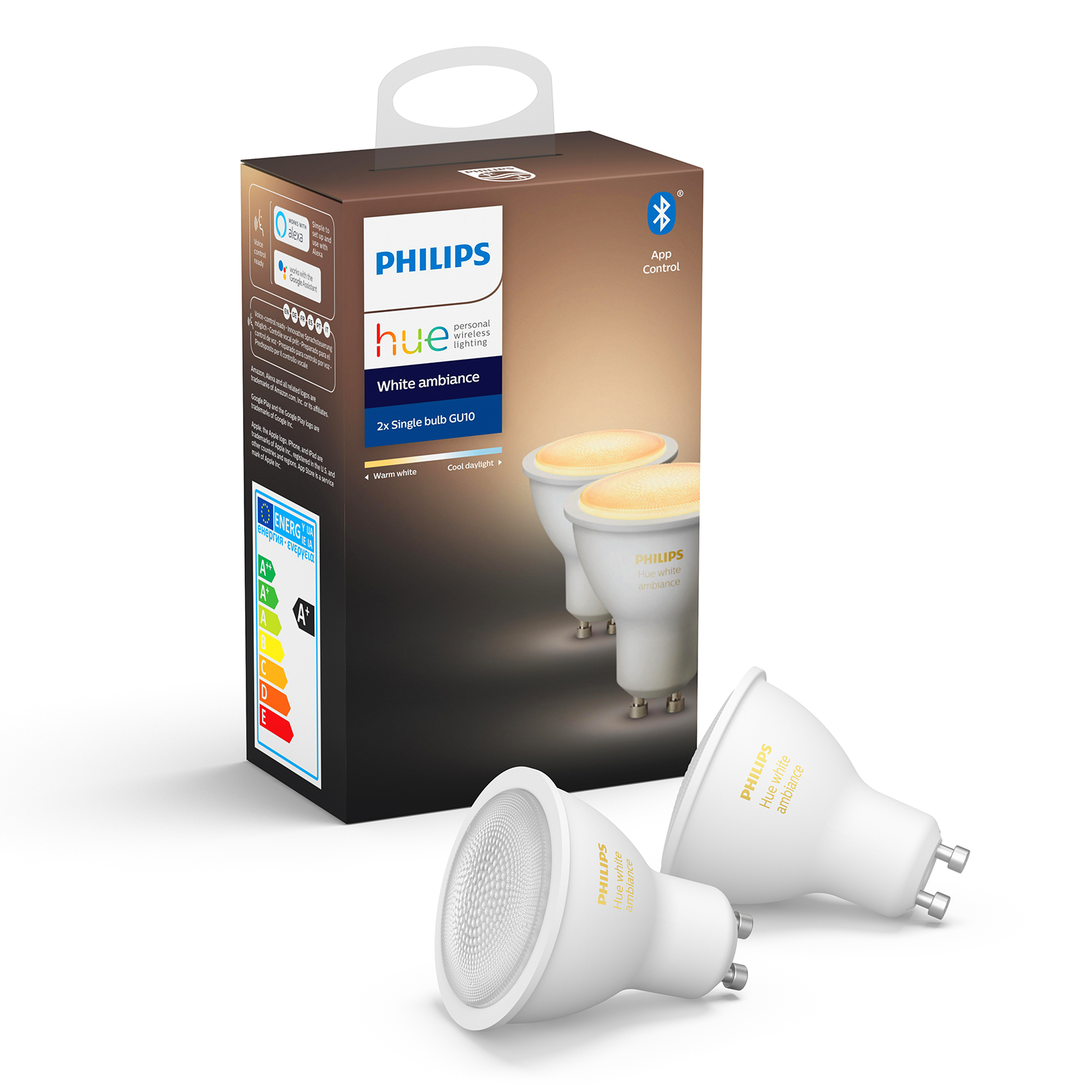PHILIPS HUE Philips Hue White Ambiance 5 W GU10 LED, set of 2, plastic, GU10, 5 W, energy efficiency: A+, L: 5.8 cm
