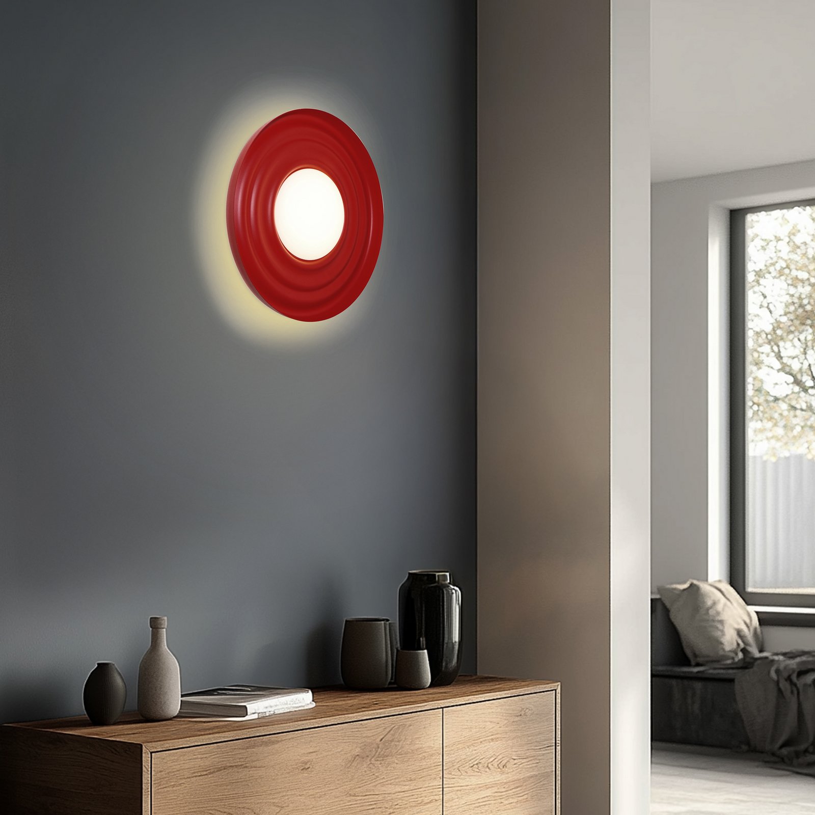 Lindby LED-Wandleuchte Waves, Metall, rot, rund