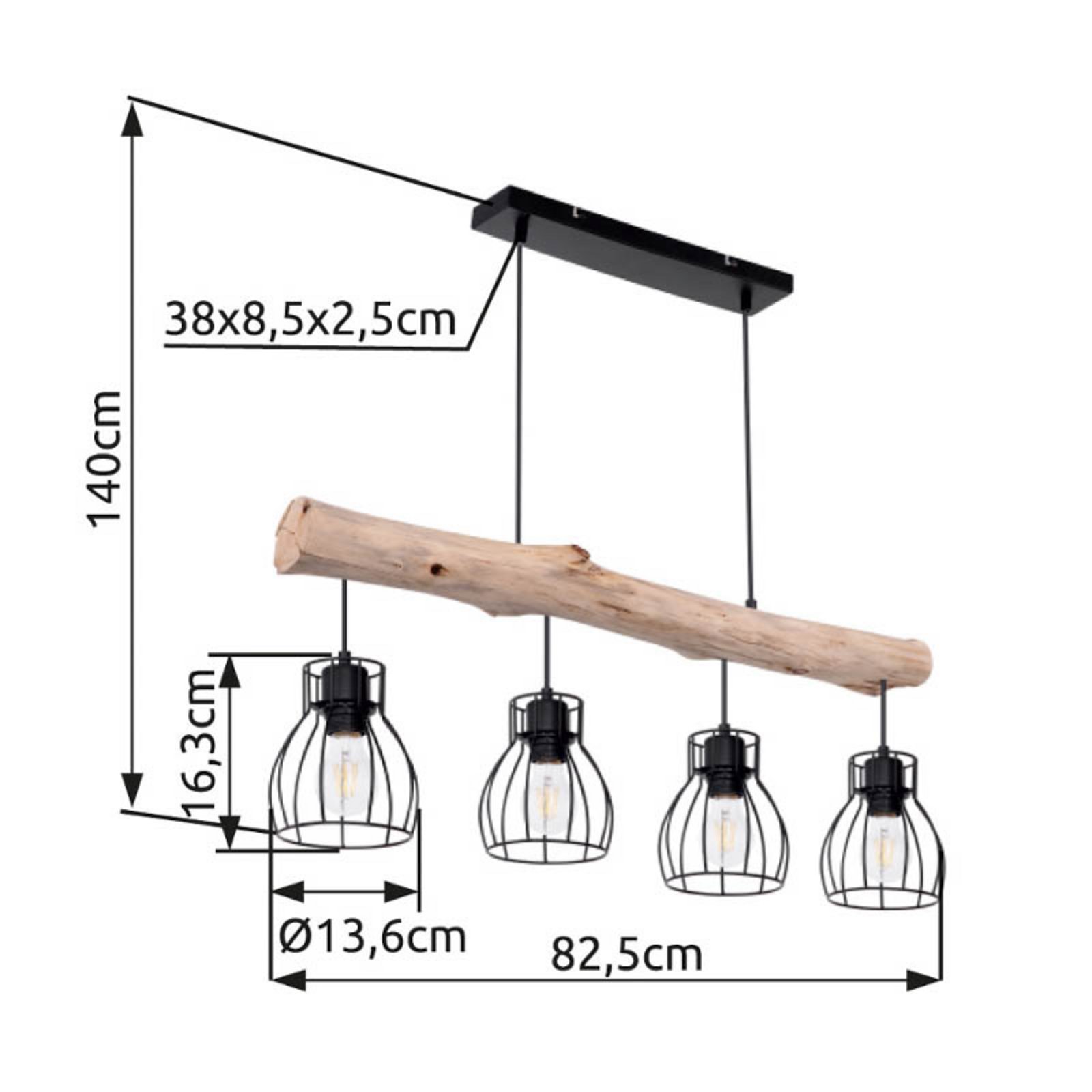 Lampă suspendată Mina, lungime 83 cm, negru/maro, 4 becuri.