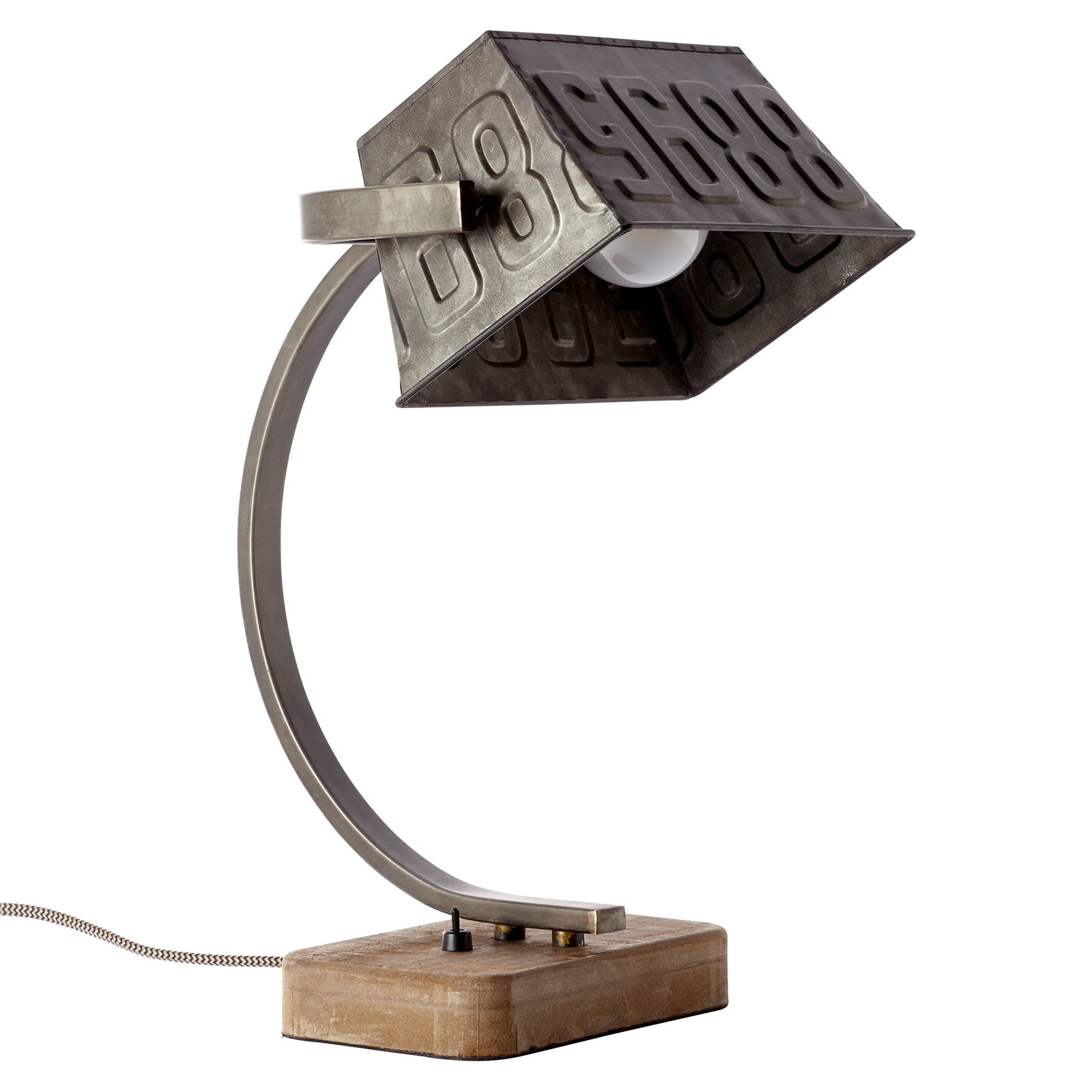 Metalowa lampa stołowa Drake z drewnianą podstawą